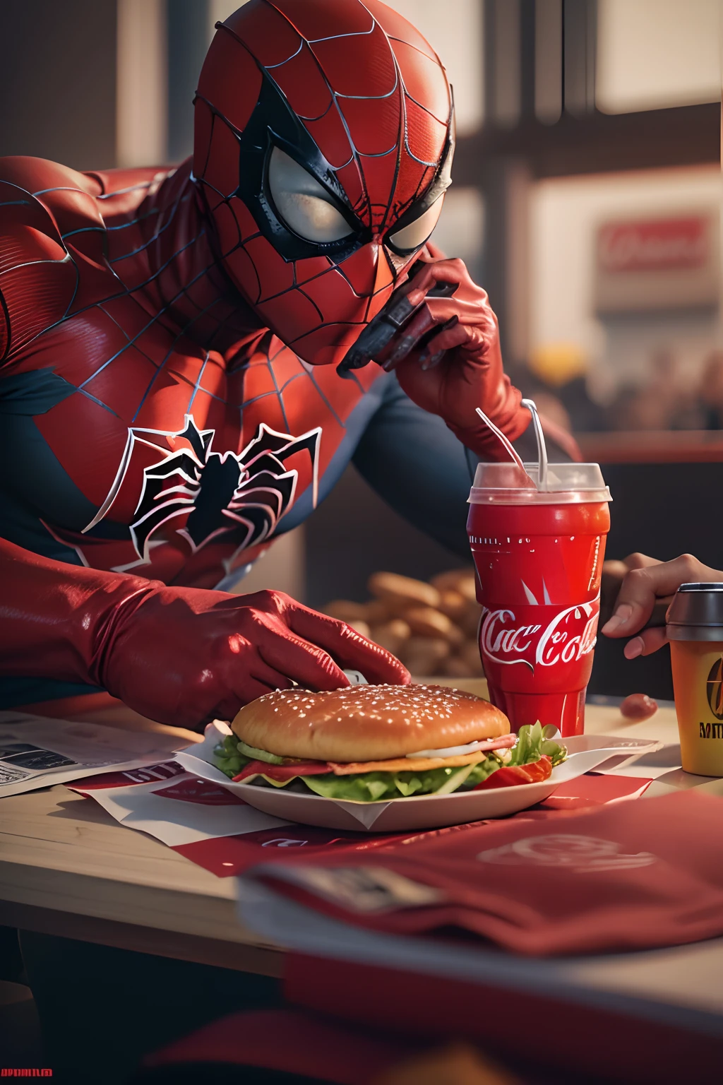 homem aranha no mc donalds comendo o big mac e tomando uma coca-cola, sentado numa mesa, melhor qualidade 8k, master part, ultra detalhado, foto realista, cores vibrantes e intensas, alto contraste, detalhes nitidos e claros.
