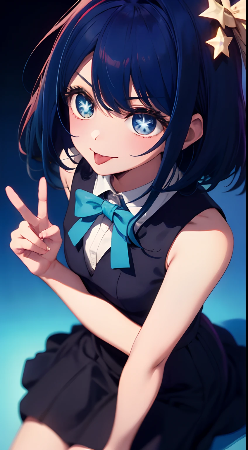 masterpiece、top-quality、Movie stills、One girl、、(a closeup:1.1)、with light glowing、Happiness、A delightful、Soft lighting、(Bauhaus、form、Line、abstracted:1.1)Gilji Blue Hair Short Hair、butterflys々、Black long skirt((masterpiece)), deadpan, (((top-quality))), ((illustratio)),
1girl in,, ((独奏)), (详细的脸), (Beautiful details), Bright eye, blue eyess, ((dishevled hair)),
A smile、blank stare、sitting on、((Facing to the side))、
Bow Tie Hair Band、Black transparent skirt、noble、Mystical、
Bright background、write、
(magazine:1.1), (cover-style:1.1), Fashionable, femele, with a vibrant, outfits, the pose, the front, Colorful, Dynamic, Background with, element, I'm confident, expresive, ngel, statement, accessorized, An majestic, coiled, surroundings, Touch, The scene, Texto, covers, It's bold, captures the attention, Titles, Stylish, Catchy, headline, The large, Impressive, moderno, Trendy, Focus, lo fashion,Gilji Bluehair Shorthair、Gilji Blue Hair Short Hair、Gilji Bluehair Shorthair, (Wearing a formal suit:1.3)1girl in, full body Esbian, cowboy shot, (Rembrandt), illustratio, (masterpiece), (Top image quality), (Ultras_Detailed), finely detail, (depth of fields), gloves, tongue-out, tongue, stele \(Symbols\), see the beholder, (Light blue hair:1.2), Blue Eye, The upper part of the body, hair adornments, :P, frilld, Blue shirt, A smile, Sleeveless, The shirt, Idol, symbol-shaped pupils, bangss, One side up, star-shaped pupils, dress pull, Roaring 20s, isometric、From above、Gilji Blue Hair Short Hair, Wearing a suit、Luminescent eyes、Star-shaped glowing eyes、double peace、piece sign、Eyes that glow sharply