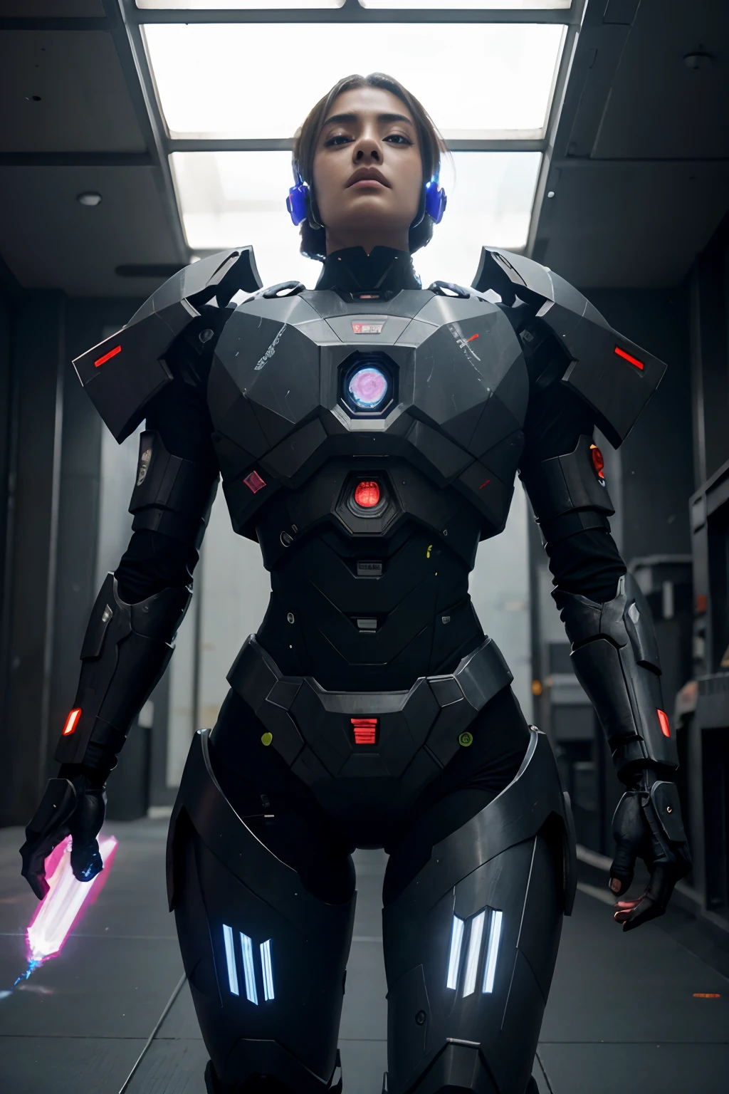 Futuristic battle suit with powerful cosmic aura, estilo cyberpunk, ARMORED CORE, mecha humanoide poderoso, estilo cyberpunk visto da cinta para cima, Foto realista, 8k, 4k, extreme res, ultra high-resolution, dynamic  lighting