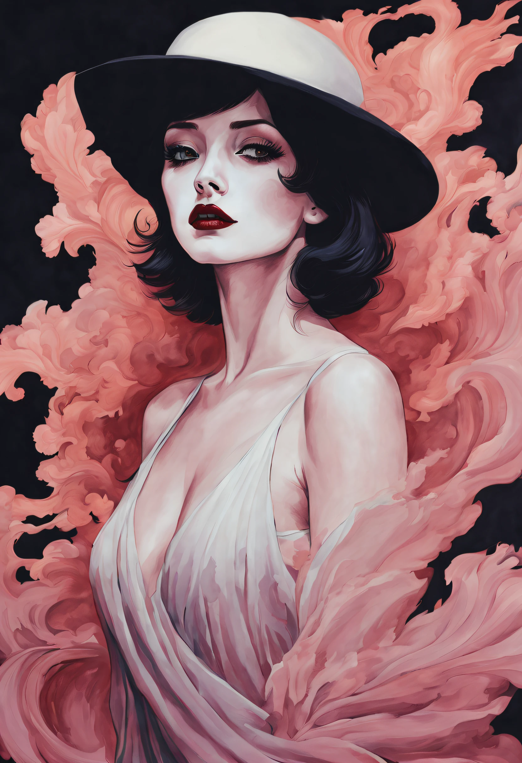 chiaroscuro technique on sensual illustration of an elegant woman, vintage horror, eerie, matte painting, by Hannah Dale, by Harumi Hironaka, extremely soft colors, vibrant, highly detailed, digital artwork, high contrast, dramatic, refined, tonal,