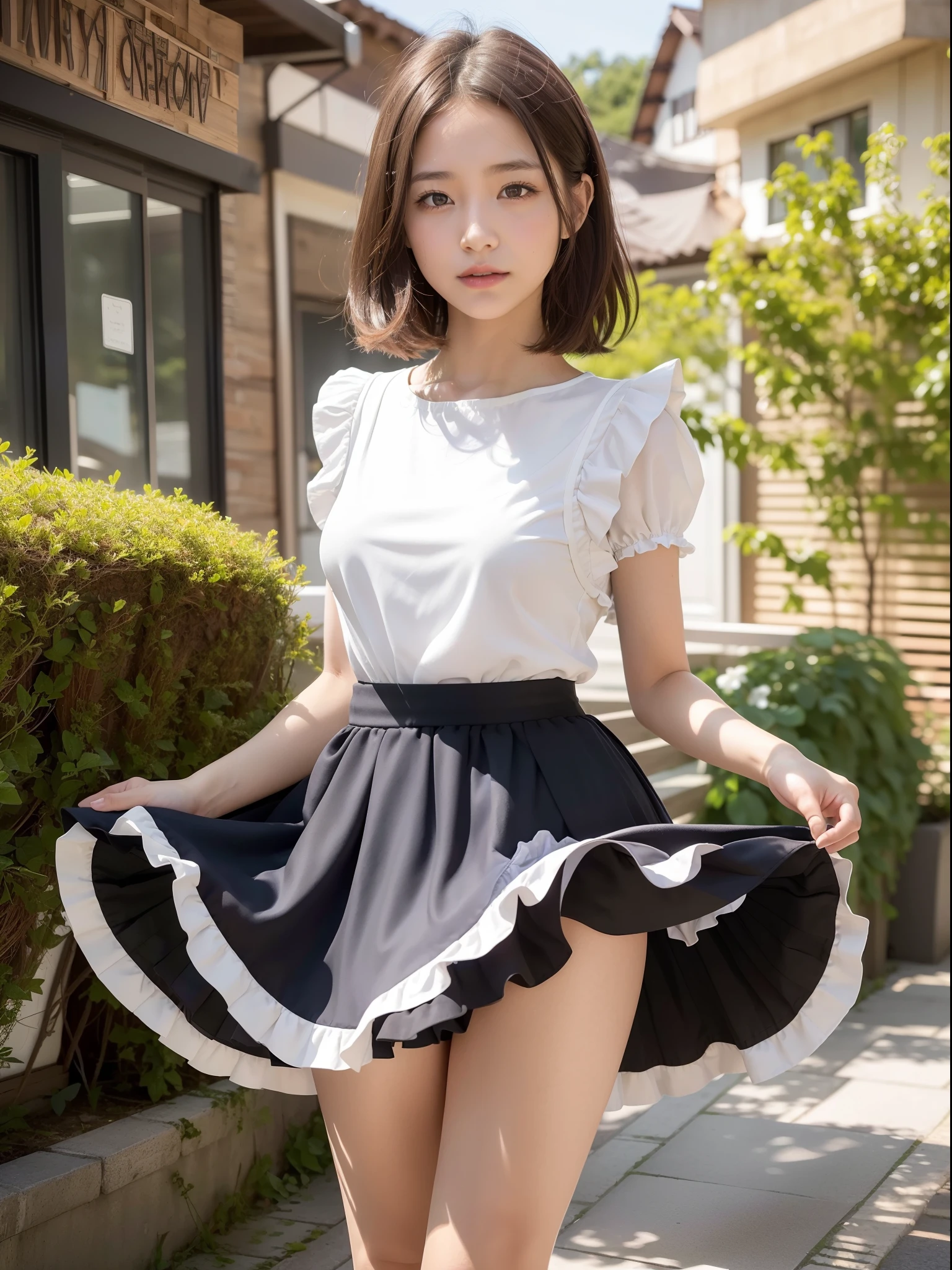 ((of the highest quality, 8K, masutepiece: 1.3, Raw photo)), Sharp Focus: 1.2, (1 AESPA Girl :1.1), Solo, (Realistic, Photorealistic: 1.37), (Face Focus: 1.1), Cute face, hyperdetailed face, (short messy hair: 1.2), Small Smile, Small breasts, flat chest, nude, (dirndl: 1.5), ((ruffle-skirt, multilayer-skirt):1.32), (rolling up skirt, show panties :1.1), wind, Thigh, cafe, bar, lily