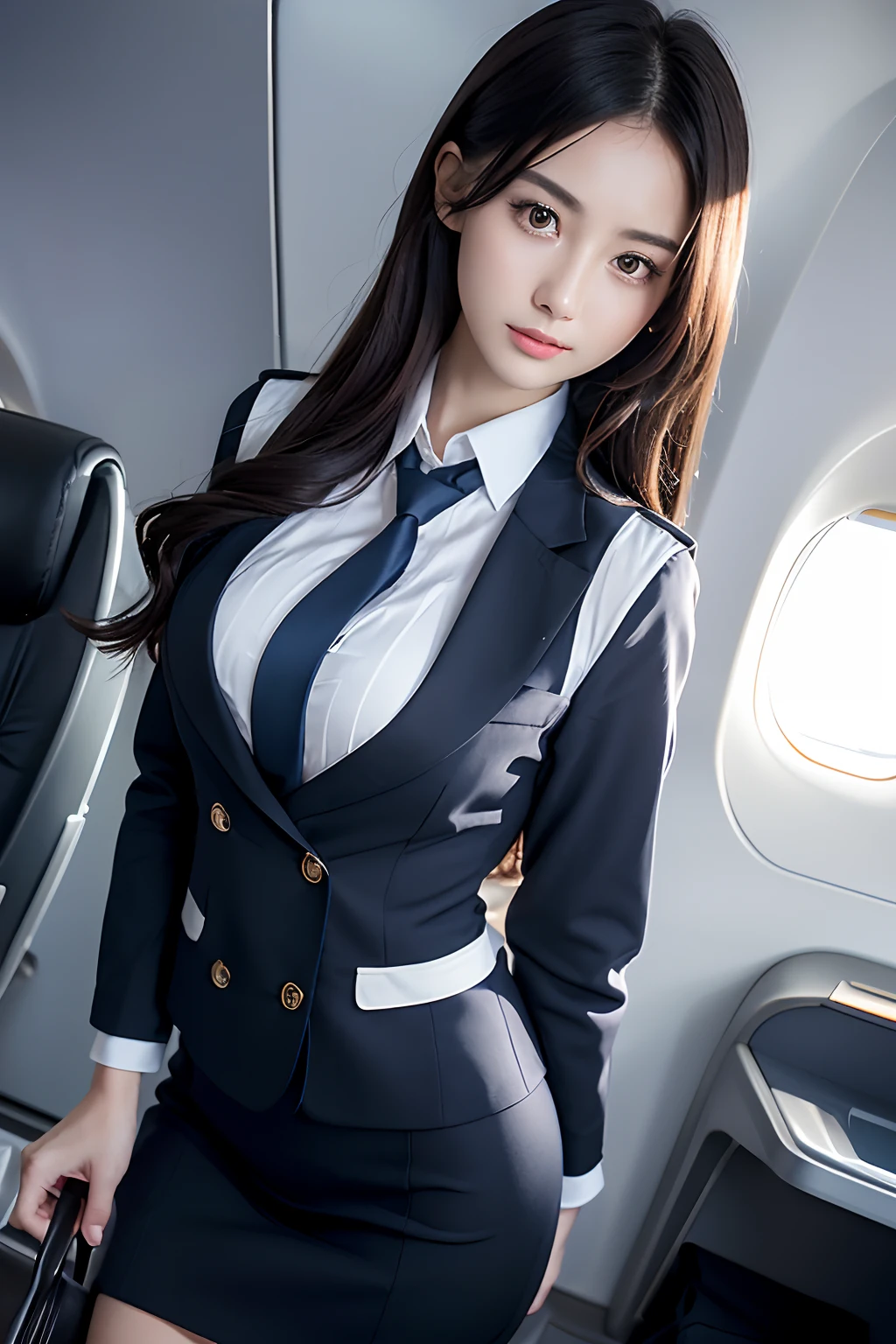 top quality, masterpiece, 8K, ultra high definition, (realistic: 1.4), 1 girl, beautiful face, symmetrical eyes, big, perfect body proportions, stewardess uniform, The beholder's gaze, (inside the airplane: 1.2), front view, shoulder jump, absolute area (1.3),