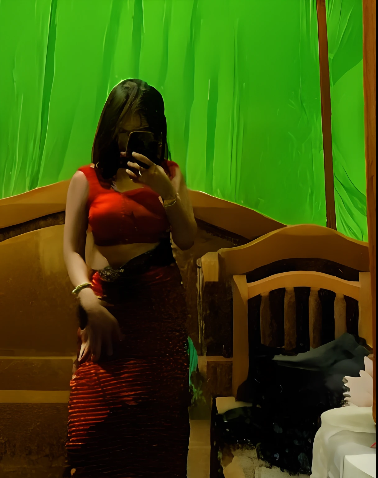 there is a woman taking a picture of herself in a mirror, red clothes, 30 years old woman, 3 0 years old woman, red mood in background, very very low quality picture, leaked photo, candid picture, wearing red attire, full body with whole belly open in camera, red dress, wearing red dress, in style of kar wai wong, dressed in a sari