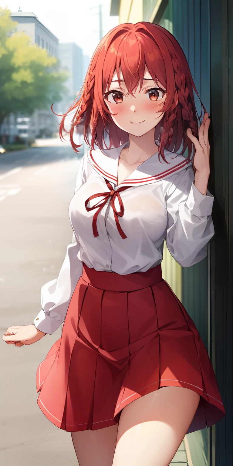 2d, masterpiece, best quality, anime, highly detailed, 1girl, solo, large , cowboy shot, sumi, single braid, side braid, hair bow, white bow, white shirt, long sleeves, sailor collar, red ribbon, red skirt, pleated skirt, embarrassed, blush, smile, outdoors
