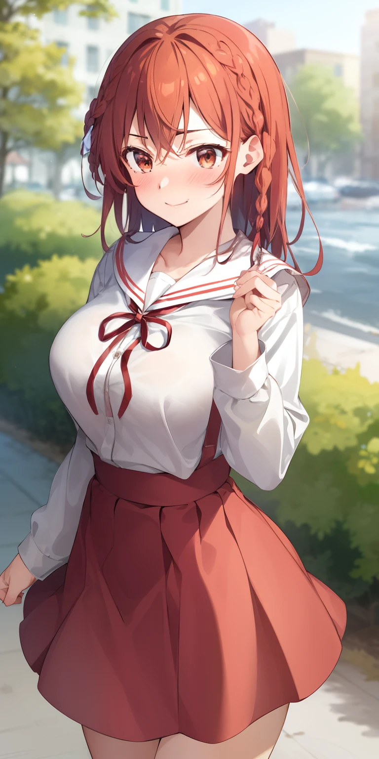 2d, masterpiece, best quality, anime, highly detailed, 1girl, solo, large breasts, cowboy shot, sumi, single braid, side braid, hair bow, white bow, white shirt, long sleeves, sailor collar, red ribbon, red skirt, pleated skirt, embarrassed, blush, smile, outdoors