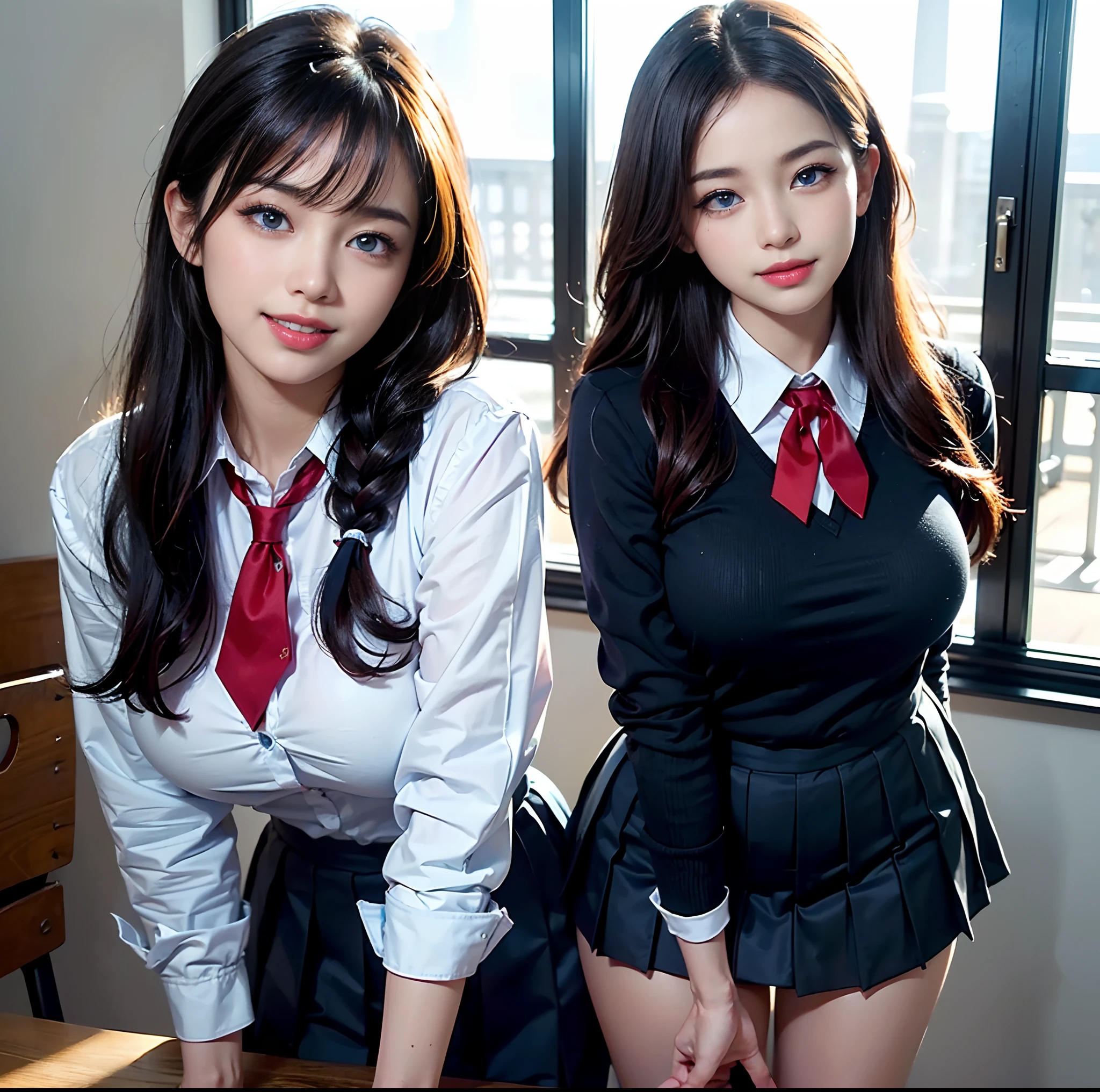 top-quality、 masterpiece、(Professional lighting without shadows)、 A hyper-realistic、 Bewitching、 perfect anatomia、 Two girls, (Girl proudly standing in front of camera shows off high school girl uniform、Another girl on the other side、Bend over and stick your butt out towards the camera), ( Huge breasts:1.2), (Bright and even whitening skin without wrinkles and steps), (Bright beautiful blue eyes with long black eyelashes and red tear bags reflected light:1.6)、 (Braided half-up hair with bangs:1.3), (Her outfit is、Dress up cramped schoolgirl uniform accurately:1.4), (Proudly showing off a crimson ribbon tie from the front:1.2), (Another girl on the other side、To beautifully emphasize the proud ultra mini pleated skirt、Showing off a pose with the buttocks exposed from directly behind:1.3), (Beautiful face squinting in dazzling light:1.5), ishiharasatomi, ssmile