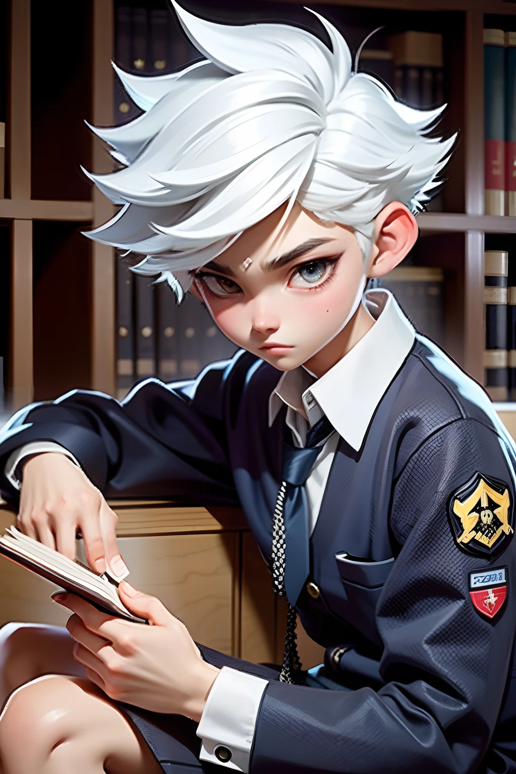 Kpop 16yr old boy, student, white hair, school uniform, bad ass cool pose position,looking at the book, reading books, library background