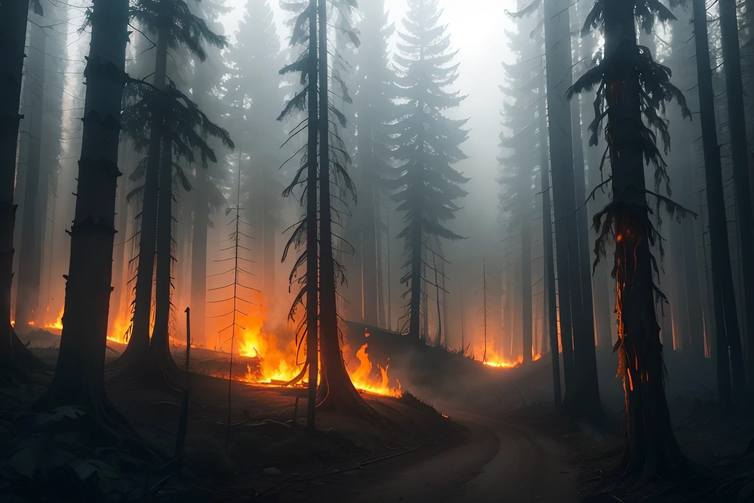 Terrifying forest landscape, foggy, horror, scene, hellish, fire --auto
