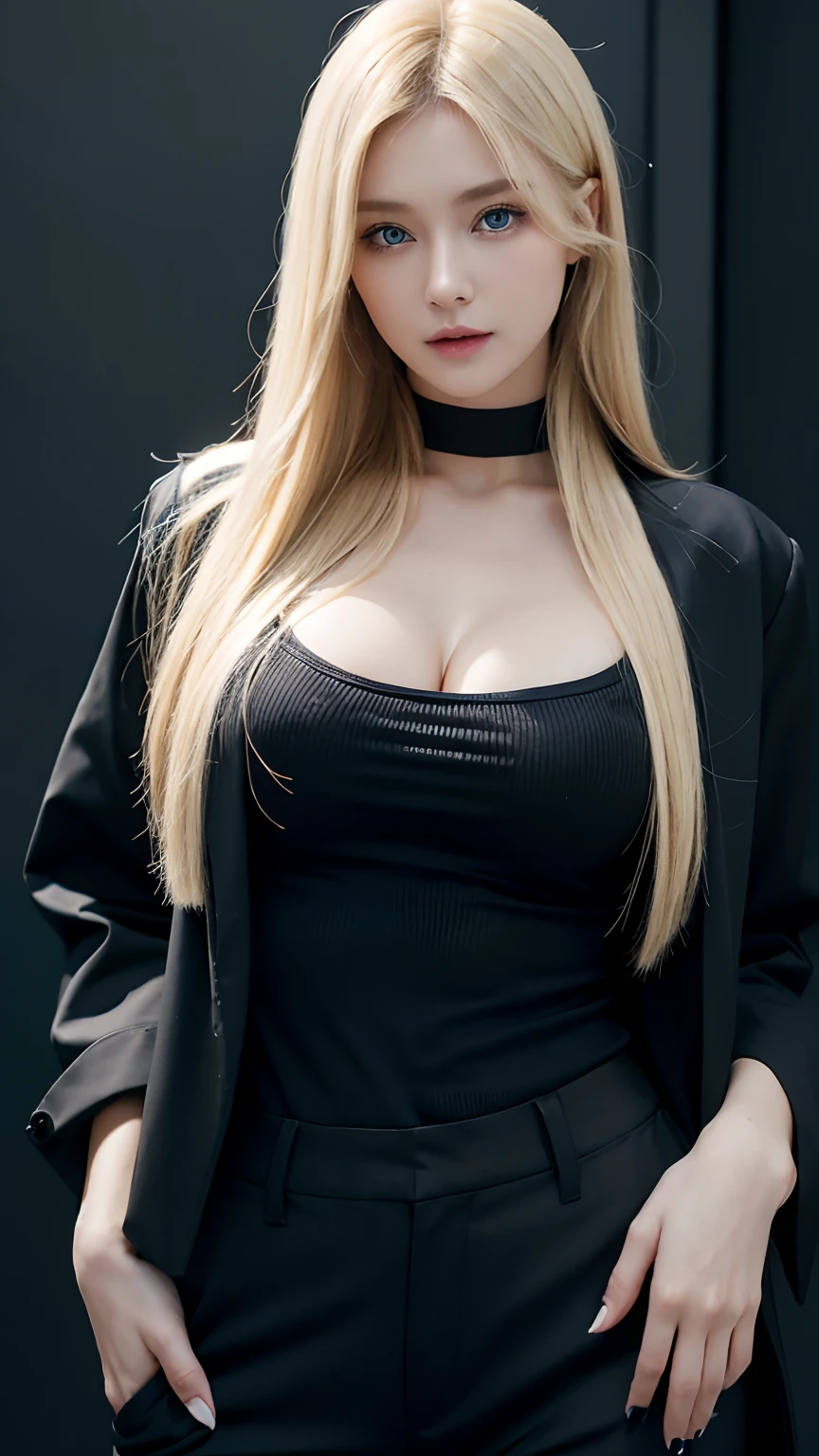 blonde girl with blue eyes and long hair,black pants,black jacket,happy facial expression,highly detailed and beautiful, Highly detailed face,big chest, Cute beautiful woman with perfect body,Highly detailed and focused on face,High Definition Breast,(1 girl)