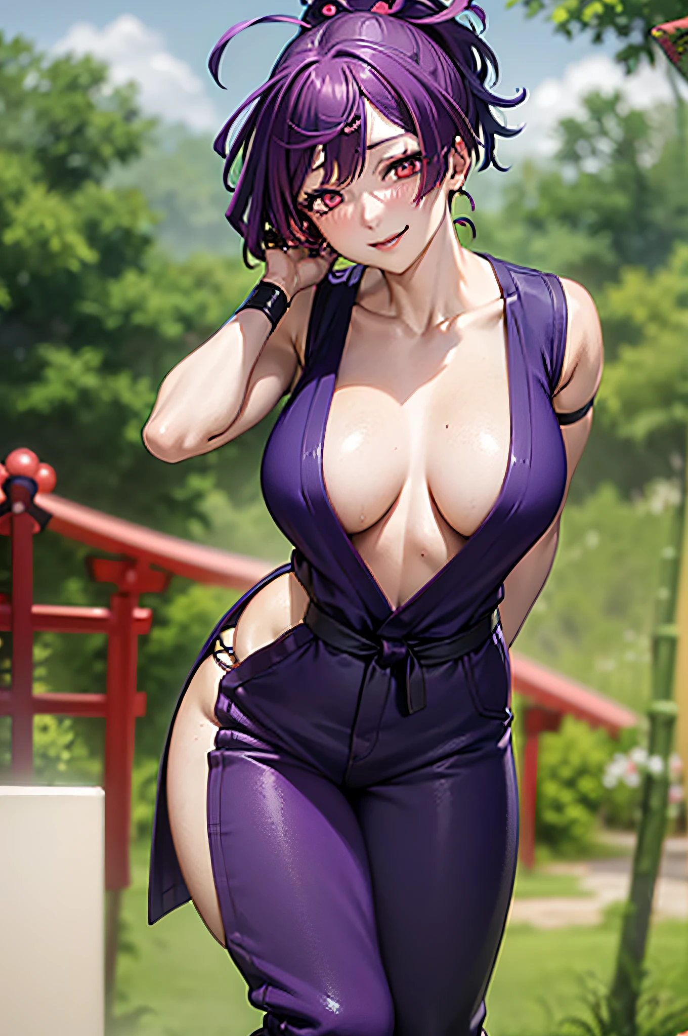 best quality, masterpiece, (leaning over:1.4), 
1girl, yuzuriha_(jigokuraku), purple hair, brown eyes, ninja, open clothes, cleavage, small breasts, topknot, medium hair, breasts apart, seductive smile, pants, undressing,  (blush:1.1),  japanese exterior, temple,