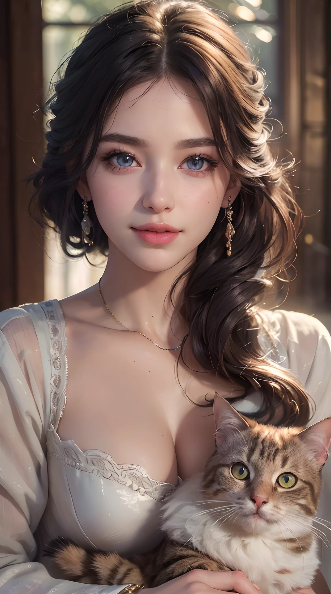 (best quality,4k,8k,highres,masterpiece:1.2), ultra-detailed, (realistic,photorealistic,photo-realistic:1.37),(beautiful detailed eyes, beautiful detailed lips, extremely detailed eyes and face, long eyelashes),studio lighting,physically-based rendering,vivid colors,(Woman holding a cat),(Kind smile),