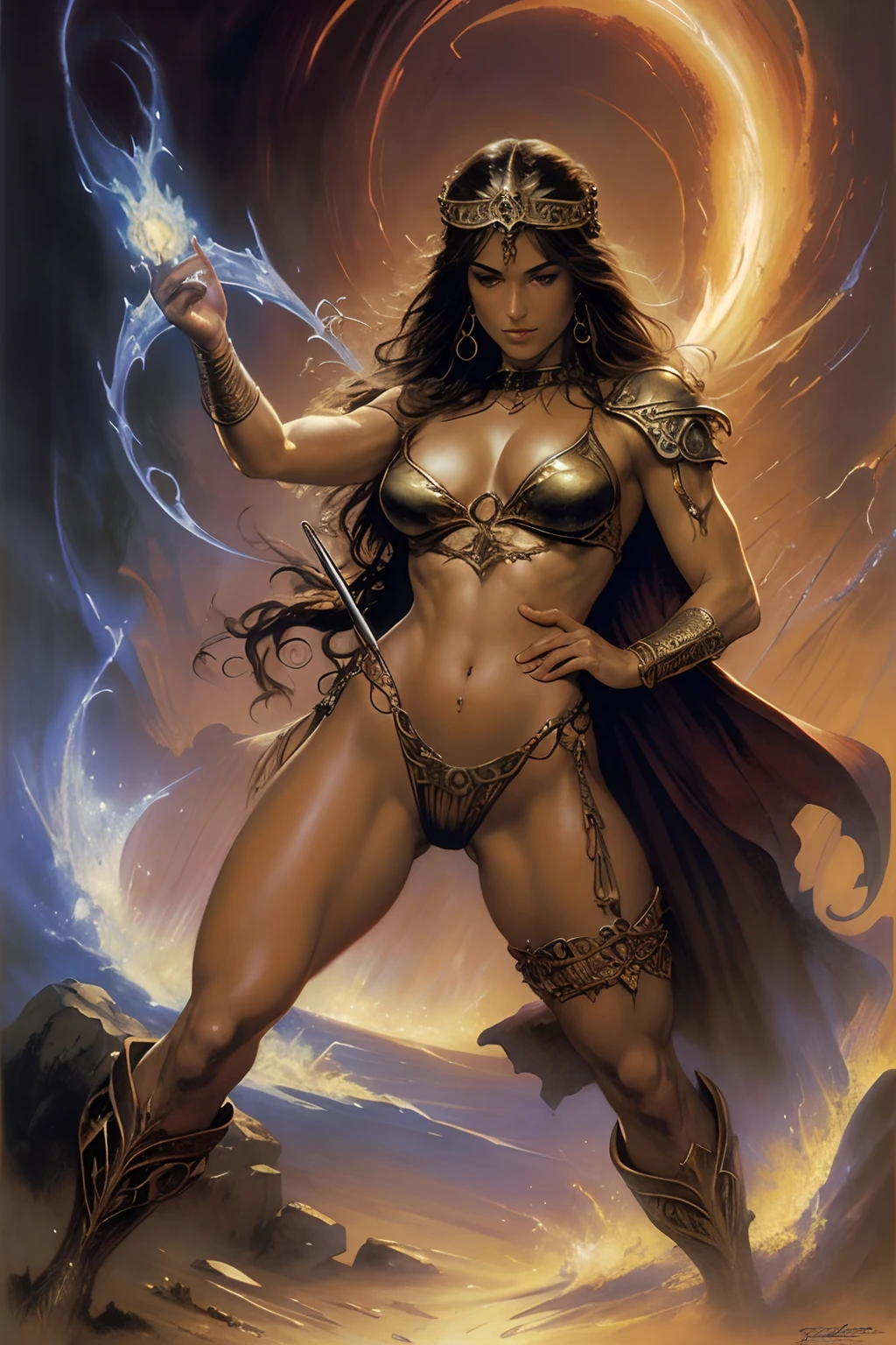 ((realistic:1.5)),((best quality)), ((masterpiece)),((detailed))a powerful sorcerous, stern, by Frank Frazetta, by Luis Royo, by boris vallejo,