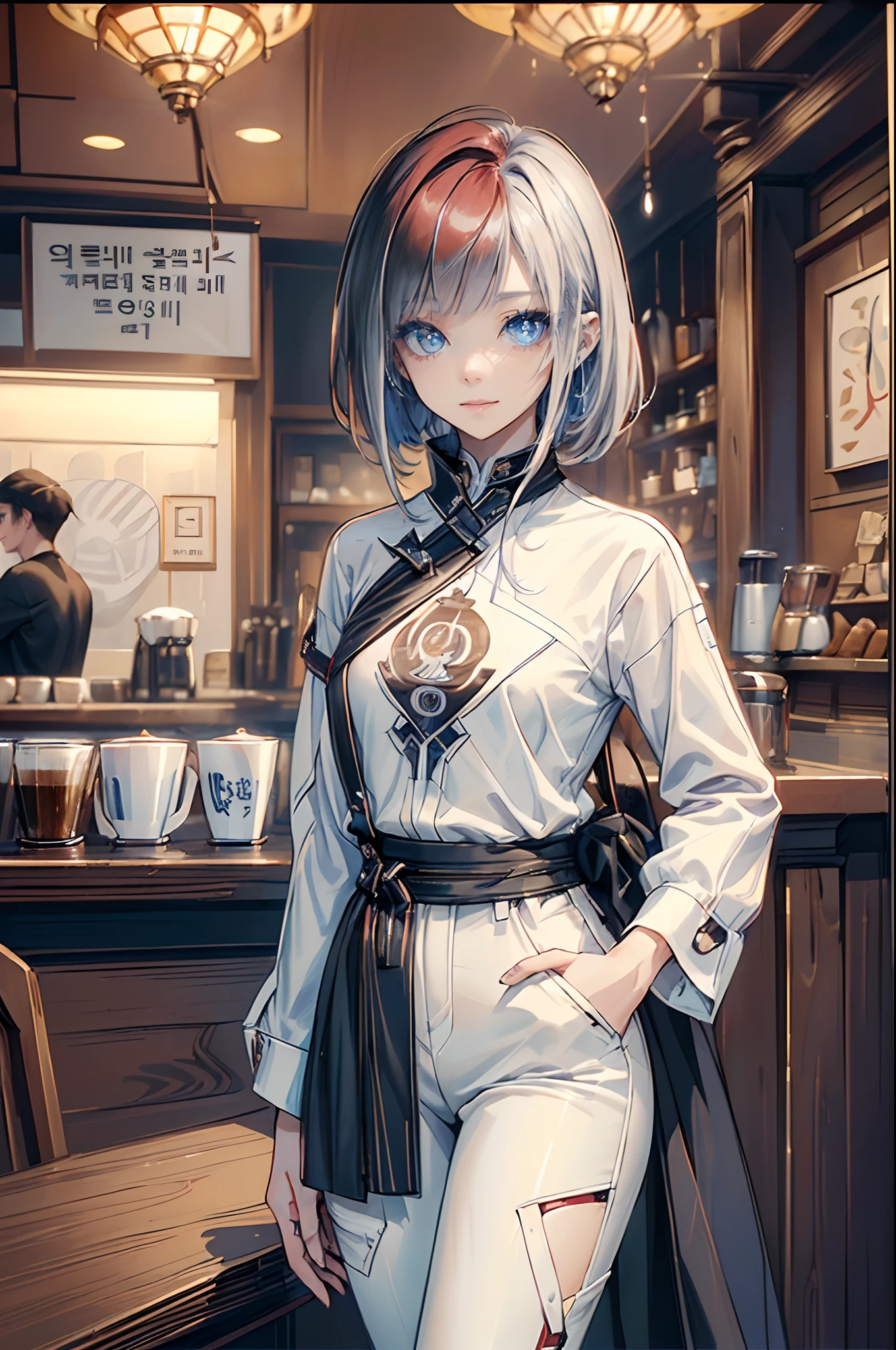 ((4K works))、​masterpiece、(top-quality)、1 beutiful girl、Slim body、tall、((Black Y-shirt and white pants、Charming street style))、(Detailed beautiful eyes)、Daytime coffee shop、((Bright coffee shop))、On a date at a fashionable coffee shop、((Face similar to Carly Rae Jepsen))、((Long boyish red hair))、((Smaller face))、((Neutral face))、((Bright blue eyes))、((American adult women))、((Adult female 26 years old))、((cool lady))、((Like a celebrity))、((Smiling expression))、((Korean Makeup))、((elongated and sharp eyes))、((Happy dating))、((boyish))、((Upper body photography))、((She is walking next to the viewer))、Professional Photos