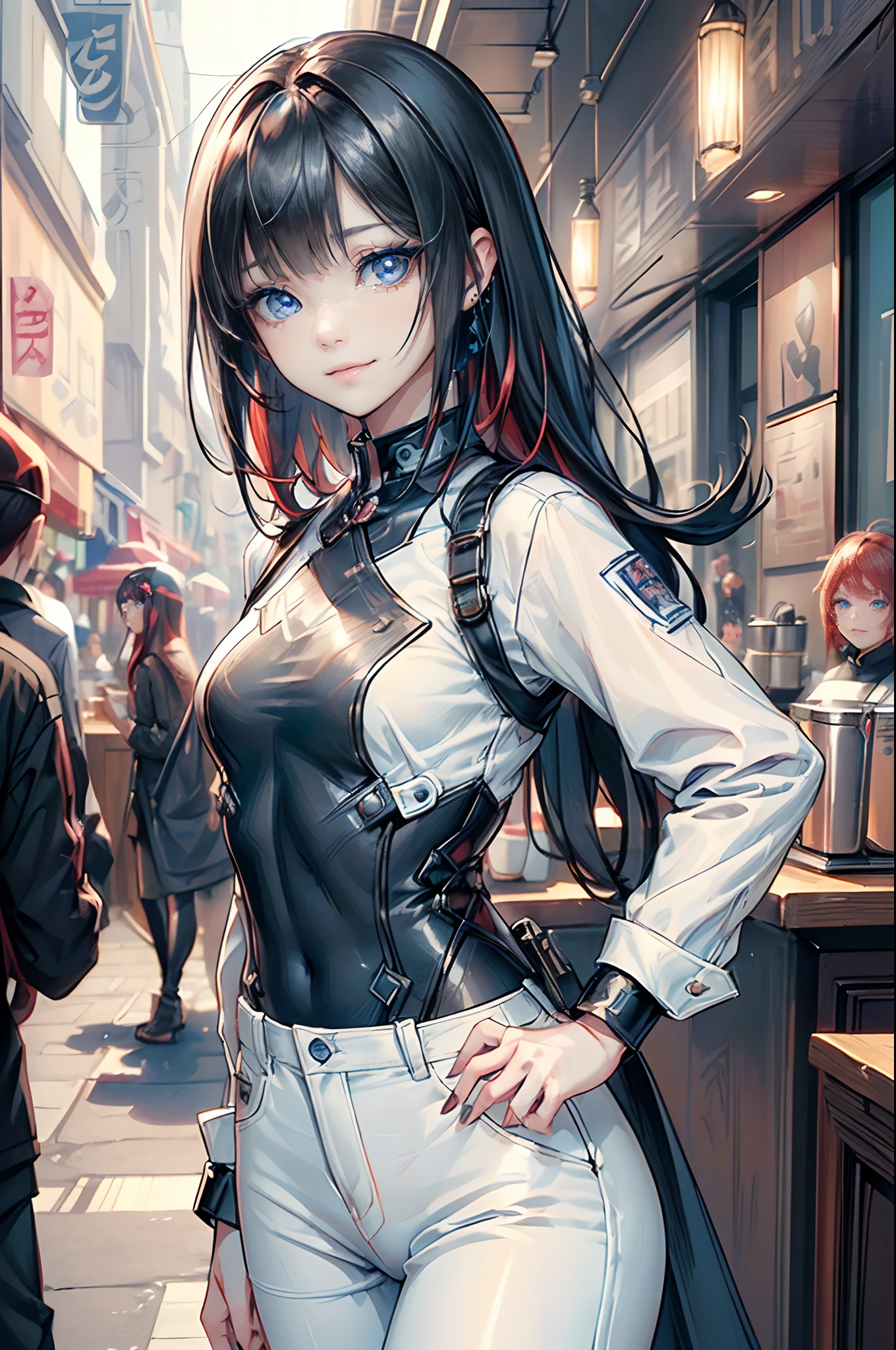 ((4K works))、masterpiece、(top-quality)、1 beutiful girl、Slim body、tall、((Black Y-shirt and white pants、Charming street style))、(Detailed beautiful eyes)、Daytime coffee shop、((Bright coffee shop))、On a date at a fashionable coffee shop、((Face similar to Carly Rae Jepsen))、((Long boyish red hair))、((Smaller face))、((Neutral face))、((Bright blue eyes))、((American adult women))、((Adult female 26 years old))、((cool lady))、((Like a celebrity))、((Smiling expression))、((Korean Makeup))、((elongated and sharp eyes))、((Happy dating))、((boyish))、((Upper body photography))、((She is walking next to the viewer))、Professional Photos
