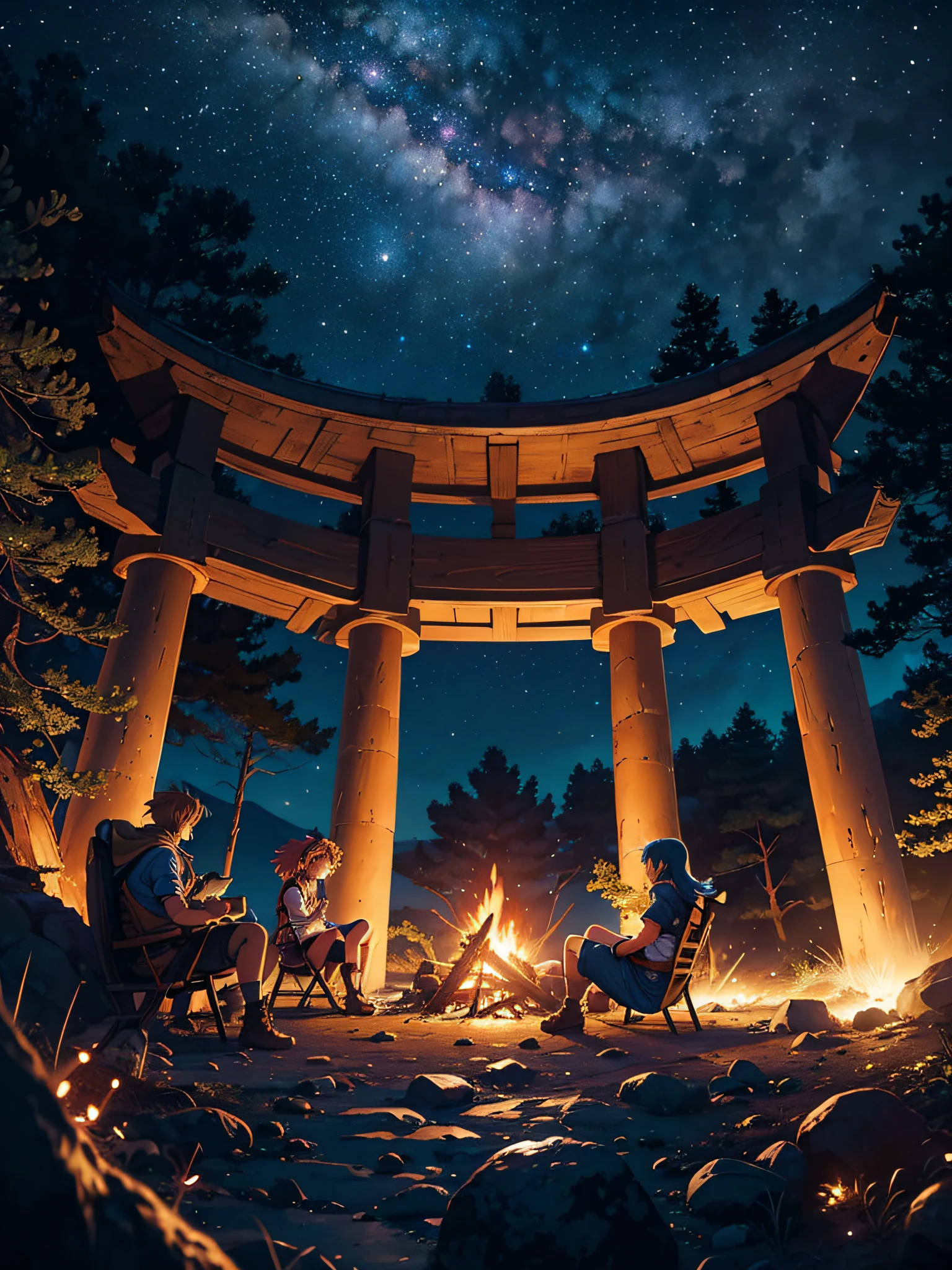 Crono (Chrono Trigger)/, Sitting by a campfire with Marle, forest setting, dark blue sky starry with nebulas, {extremely detailed 8k CG unit wallpaper}, expansive landscape photography, (a top view with focus on character and setting), (wide open field view), (high angle shot), (high light: 1.2), (low light: 1.6), (warm light source: 1.2), complex details, ( iridescent colors: 1.2), (bright lighting), (atmospheric lighting), Surreal, magical, dreamy, Akira Toriyama