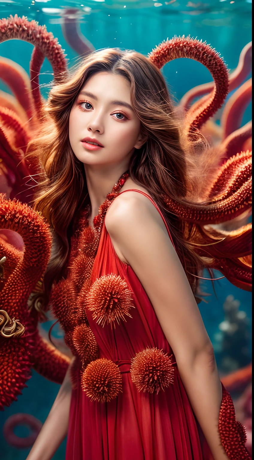 A model, hyper realistic faces, goddess, she is wearing a beautiful long flowing vivid red dress made entirely of red sea urchins and anenome tentacles, highly detailed portrait photography with depth of field, full body --v 4 --ar 9:16 --q 2, midshot, blonde curly long hair, eyes on camera