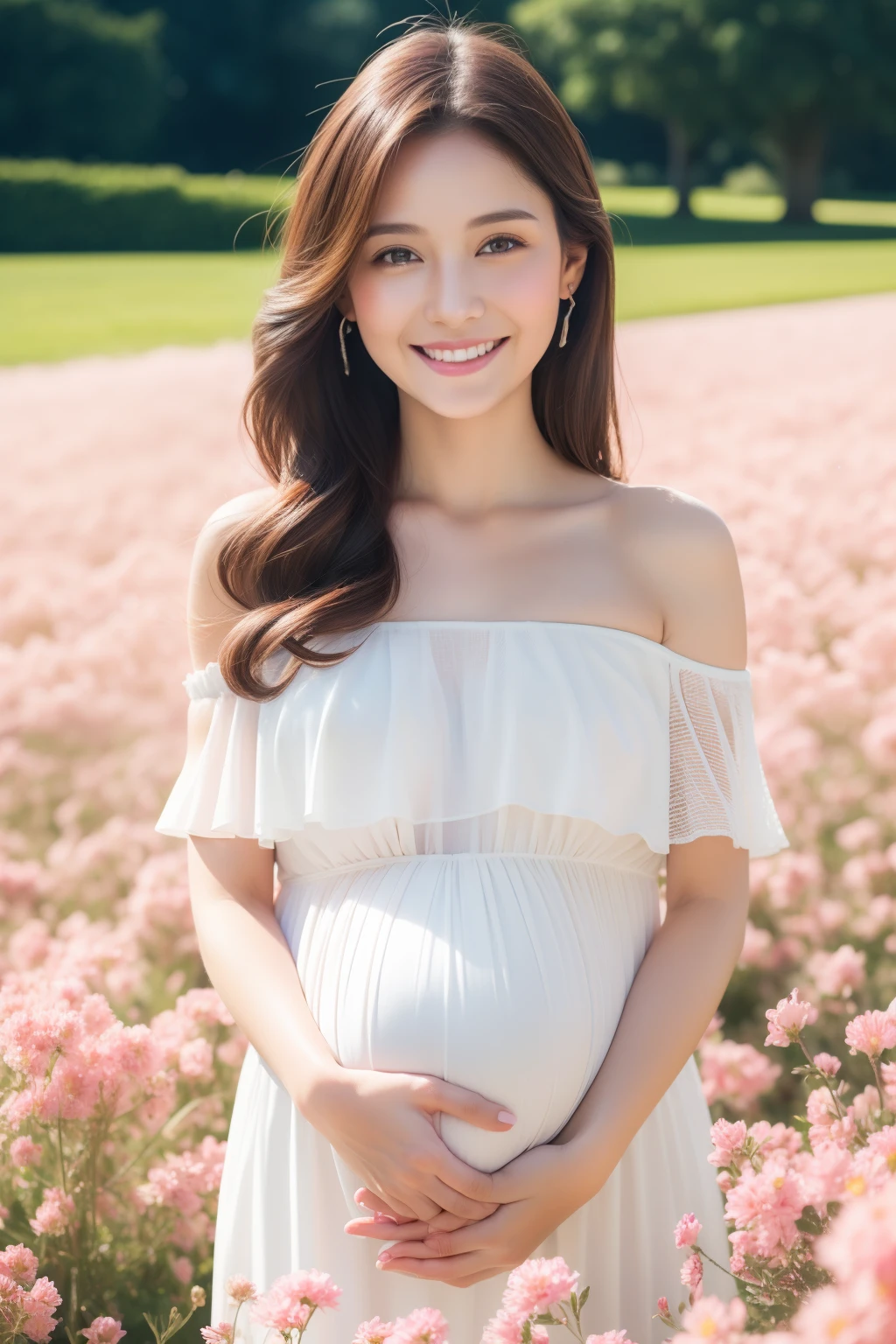 ((Pregnant women,Pregnancy,Big belly,late pregnancy,massive belly,Very big belly,Pregnant women)),View here、Looking at the camera,A smile,finerly detailed face,Lifelike face,A slight smil,(masutepiece:1.3), (8K), (Best Quality:1.4), (nffsw:1.2), (Photorealistic:1.3),( Raw photography), (1girl in), (ultra high detailed), (Detailed face), Very perfect beautiful and cute face, (detailed hairs), Beautiful hair, Bangs, (Symmetrical eyes:1.3), (Detailed eyes), (Detailed skin), Realistic skin, Shiny skin, Ultra high definition, (medium breasts), (slim figure), (Supermodel Figures), Gentle smile:1.2, (Very beautiful and cute young girl with a Japan with a gentle look), 

(                       Wearing a light brown kalocha embroidered dress :1.3                 ), 
Cute young Japan girl, Cute young Japan girl, Full body, Walk through the space field in full bloom