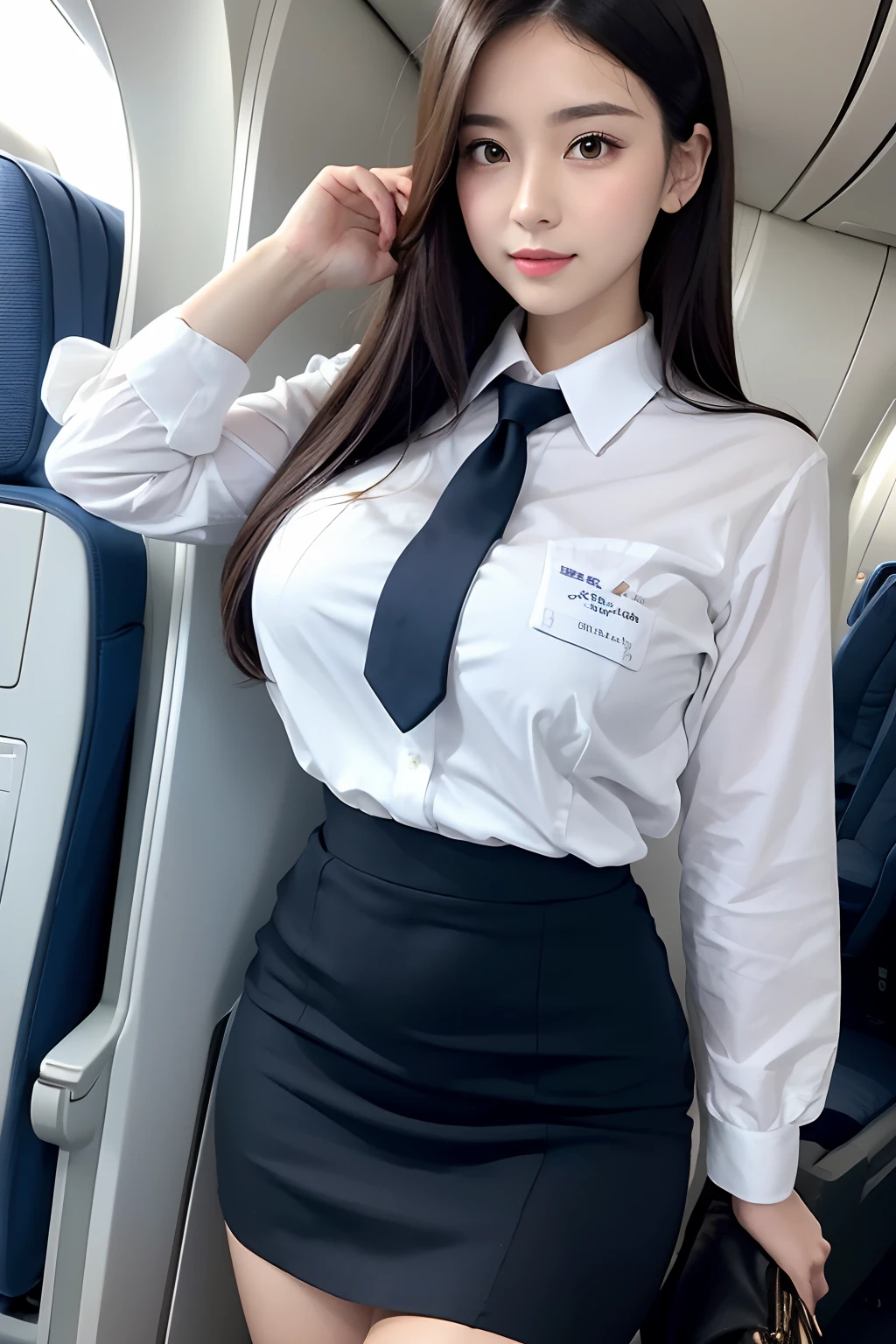 top-quality, ​masterpiece, 8K, 超A high resolution, (Photorealsitic:1.4), 1girl in、beautiful countenance、symmetrical eye、Exposed huge、Perfect body proportion、Stewardess uniform、Look at viewers、(Inside the plane:1.2)、front-facing view、Shoulder、long legged(1.3)、