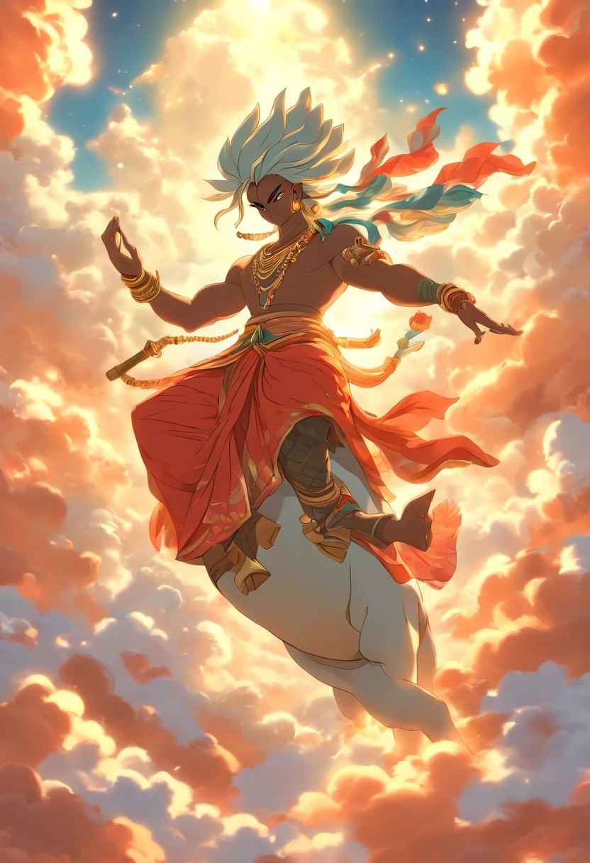 (((Vayu))) best quality, ultra-high resolution, 4K detailed CG, masterpiece,Hindu God,man, Riding on an antelope, Hindu mythology, ((clouds)), Hindu image, aesthetic, screen-centric, full body