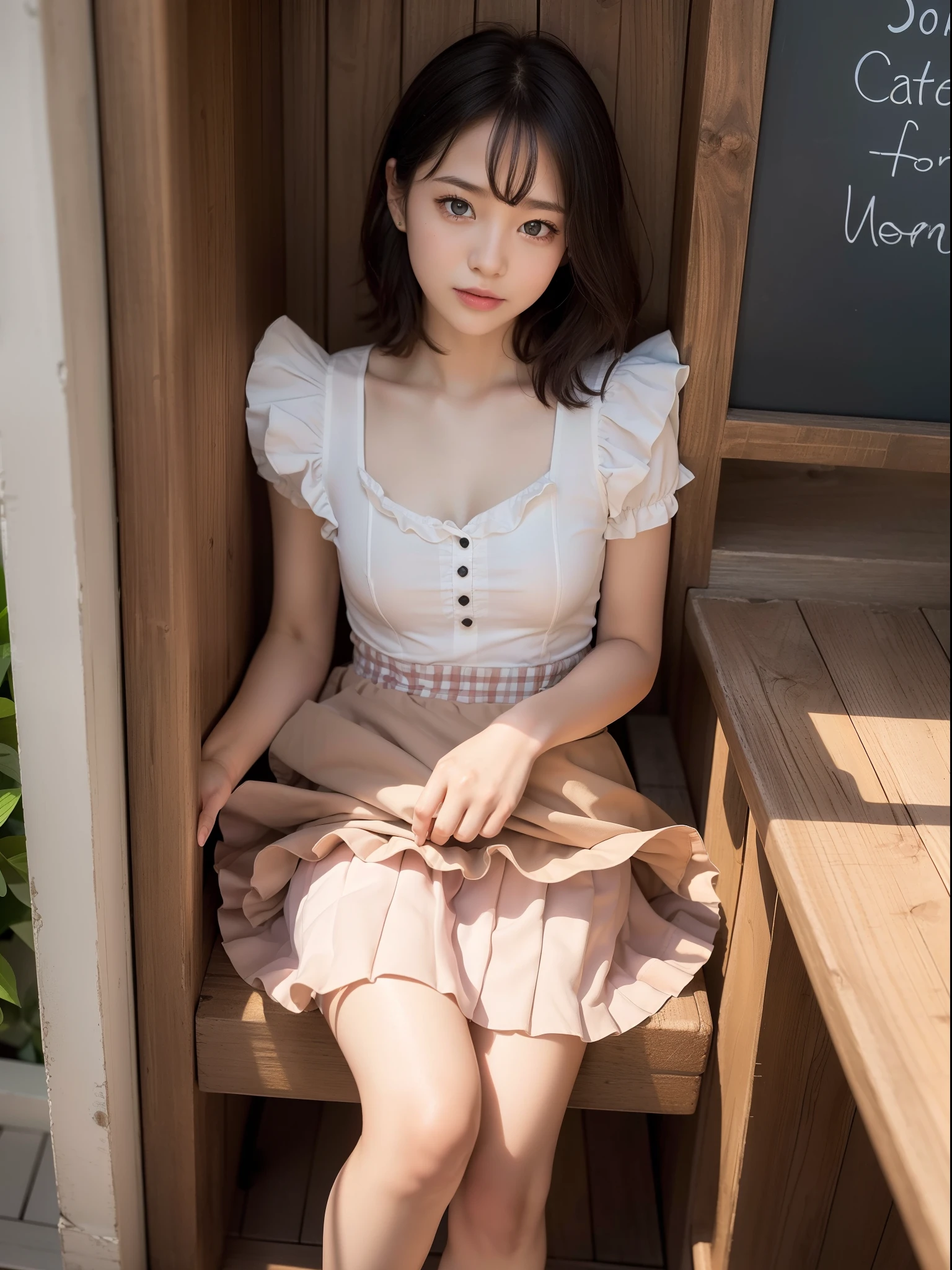 ((of the highest quality, 8K, masutepiece: 1.3, Raw photo)), Sharp Focus: 1.2, (1 AESPA Girl :1.1), Solo, (Realistic, Photorealistic: 1.37), (Face Focus: 1.1), Cute face, hyperdetailed face, (short messy hair: 1.2), Small Smile, Small breasts, flat chest, nude, (dirndl: 1.5), ((ruffle-skirt, multilayer-skirt):1.32), (rolling up skirt, show chiffon panties :1.1), Thigh, cafe, bar, lily