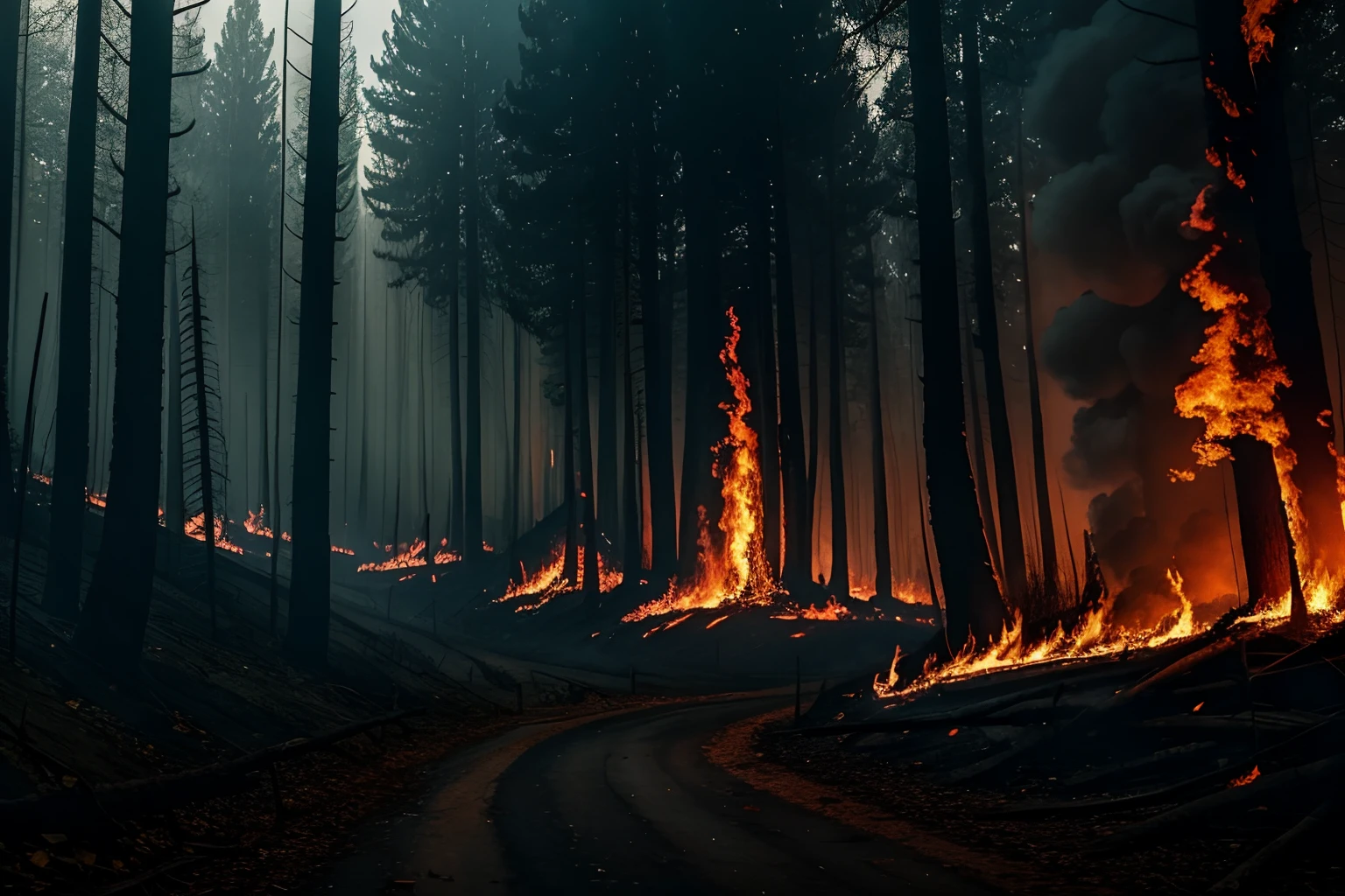 Terrifying forest landscape, horror, scene, fire, forest fire --auto