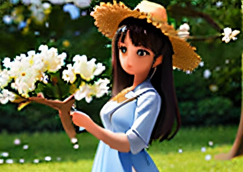 (best quality,4k,8k,highres,masterpiece:1.2),ultra-detailed,(realistic,photorealistic,photo-realistic:1.37),a girl with large bright eyes,excited,black hair,wearing a beautiful straw hat,a blue traditional dress with a long skirt,a white base shirt,holding a beautiful branch of osmanthus flowers,standing under a beautiful osmanthus tree, silver white flowers and yellow fruits hanging on the branches, surrounded by small animals, the background is a vast grassland and green landscape.