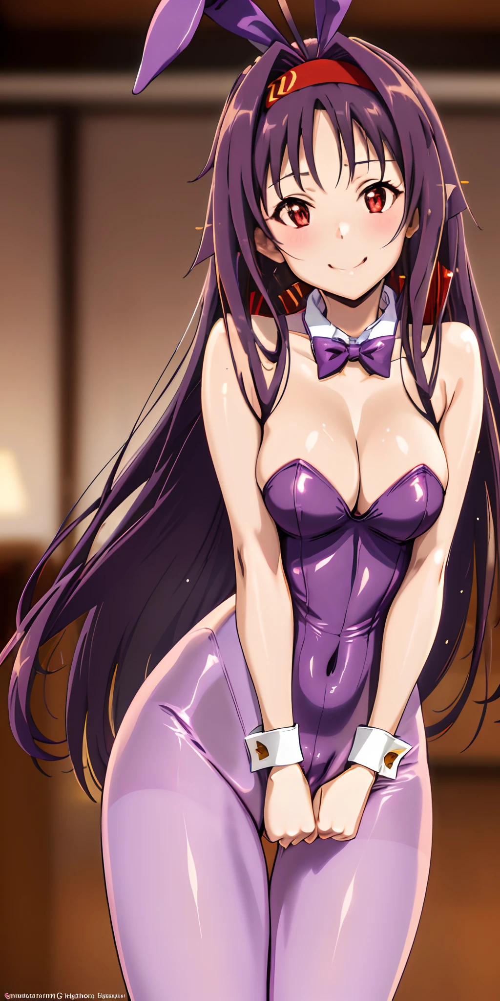 (close shot, best quality:1.5, highres, UHD, 4K, detailed lighting, shaders), brown straight hair, medium breasts, pathetic body, slim body, breasts, bunnysuit, pantyhose, bowtie, seductive pose, smiling, standing, casino background, yuuki konno, purple hair, red eyes, long hair