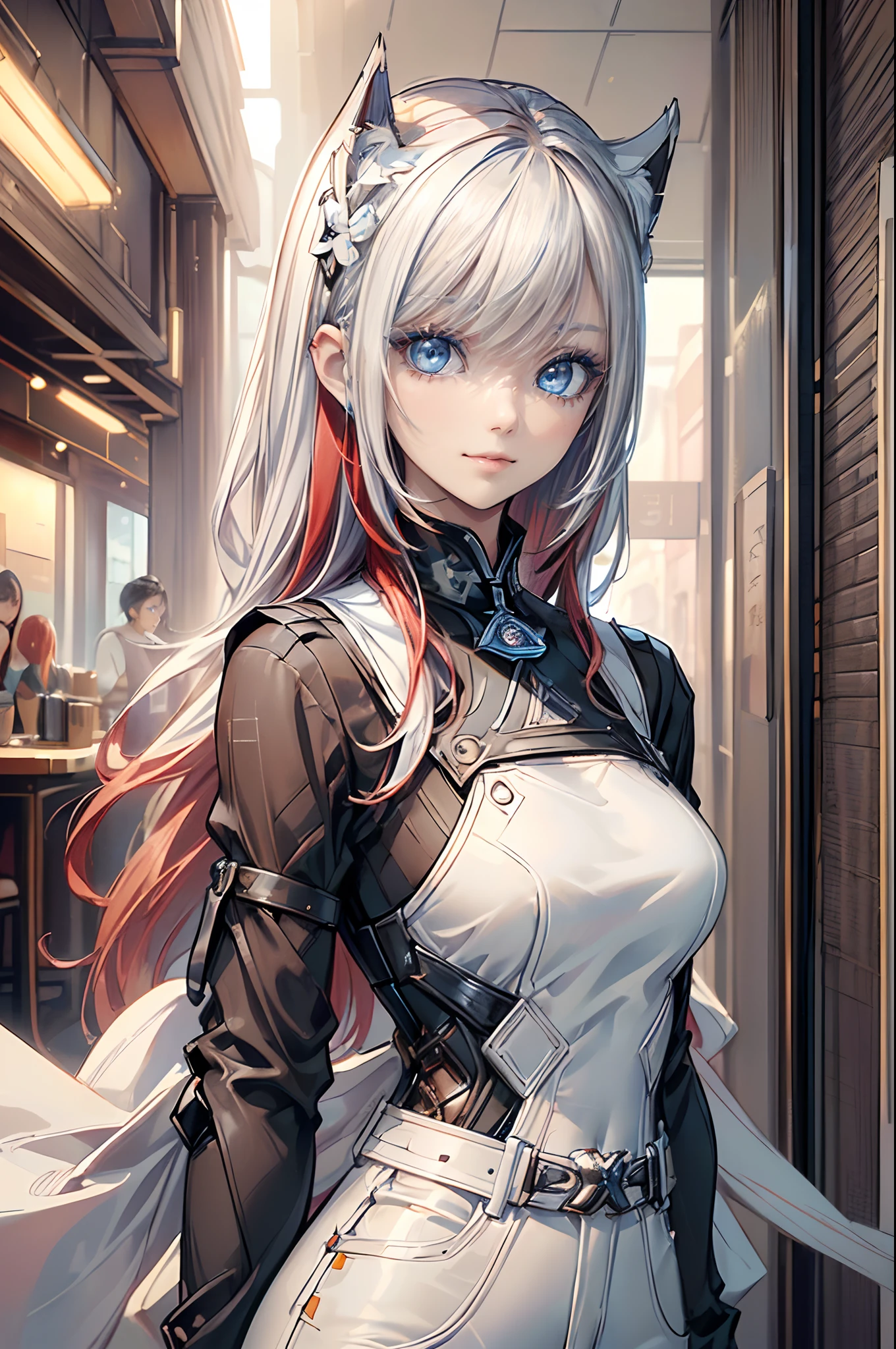 ((4K works))、masterpiece、(top-quality)、1 beutiful girl、Slim body、tall、((Black Y-shirt and white pants、Charming street style))、(Detailed beautiful eyes)、Daytime coffee shop、((Bright coffee shop))、On a date at a fashionable coffee shop、((Face similar to Carly Rae Jepsen))、((Long boyish red hair))、((Smaller face))、((Neutral face))、((Bright blue eyes))、((American adult women))、((Adult female 26 years old))、((cool lady))、((Like a celebrity))、((Smiling expression))、((Korean Makeup))、((elongated and sharp eyes))、((Happy dating))、((boyish))、((Upper body photography))、((She is walking next to the viewer))、Professional Photos
