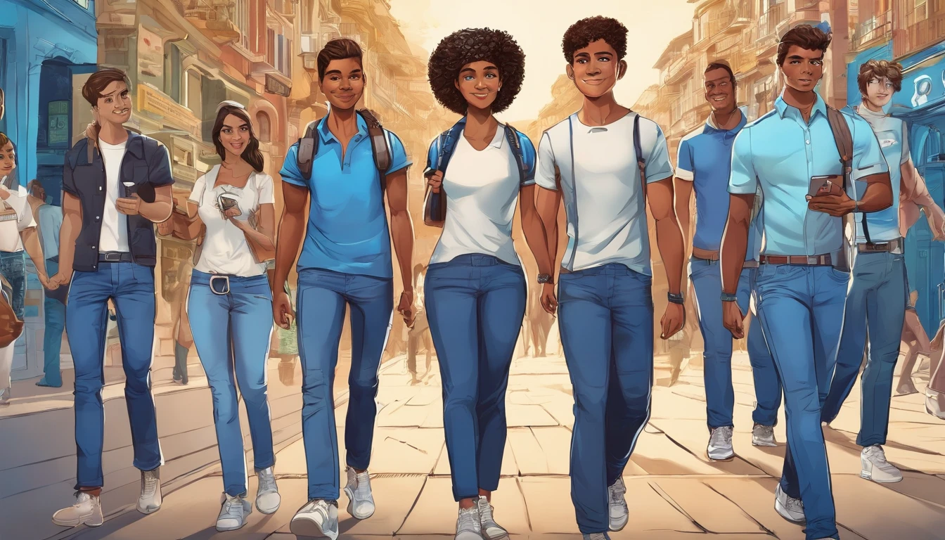 pupils , Brazilian,  Smartphone and headset included, Walk the streets of Fortaleza in jeans, Blue shirt, British Tennis,