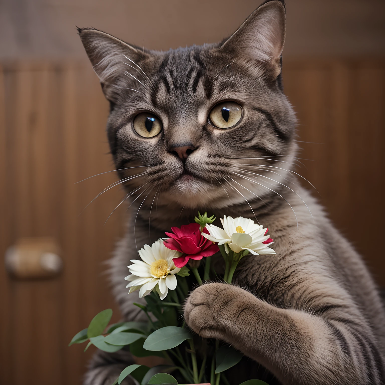 A cat holds a bouquet of flowers