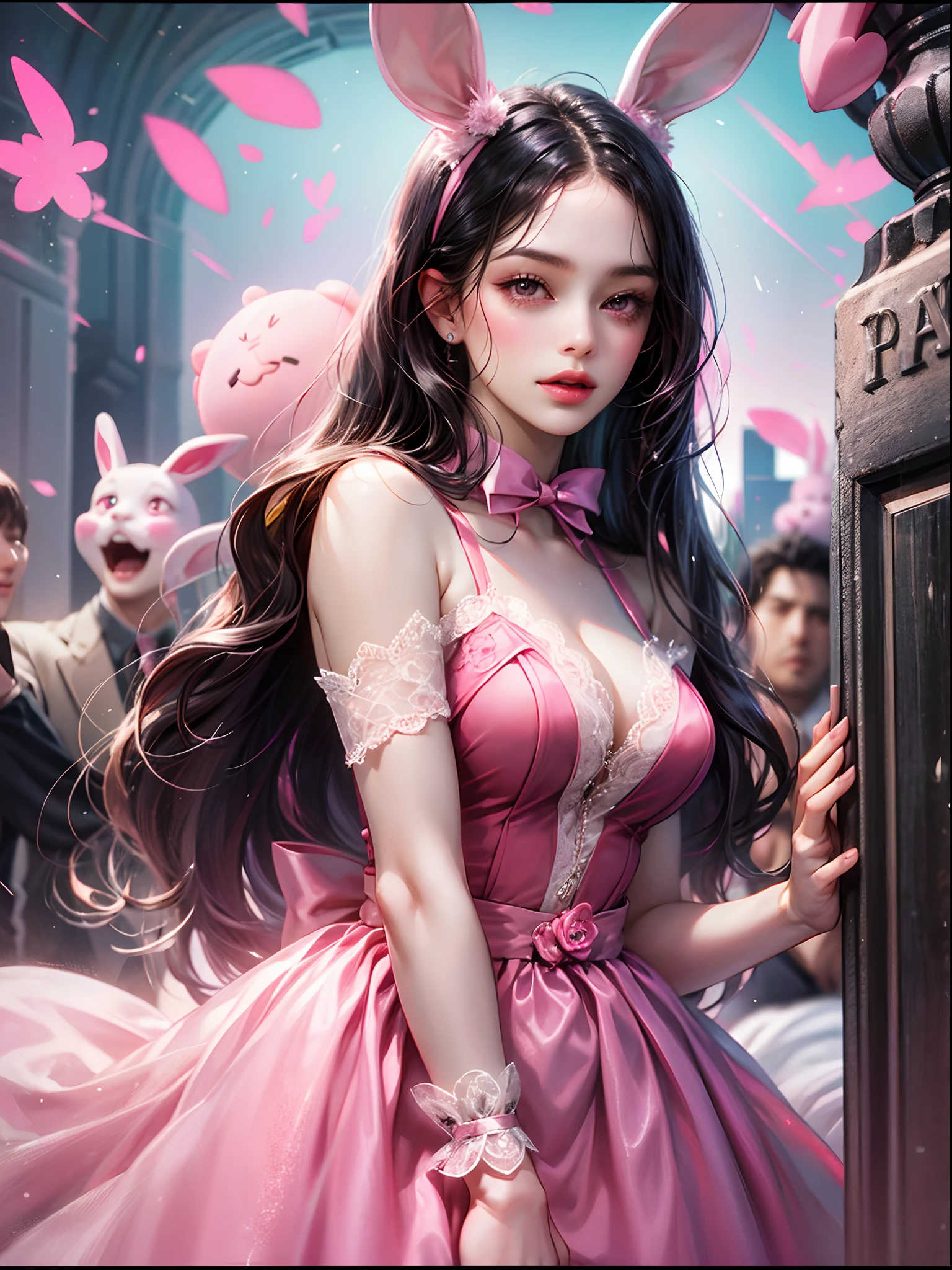 a women, pink bunny ears, black hair, pink eyes, pink dress