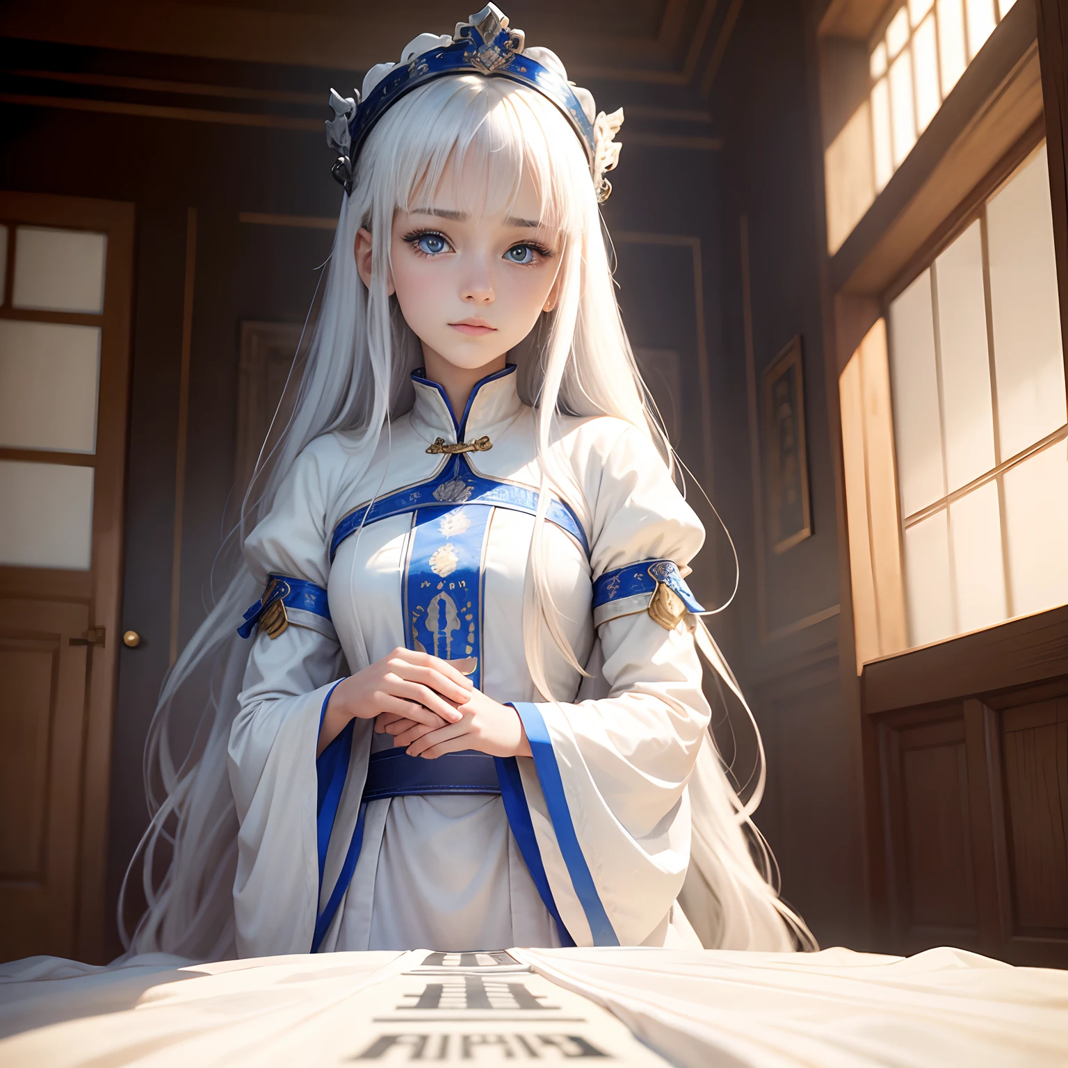 In the background in house, a beautiful girl name is Lisa, 18 year old with blue eyes, long white hair, wearing a white tunic is sad, As emperor, Remembering a person, Panic