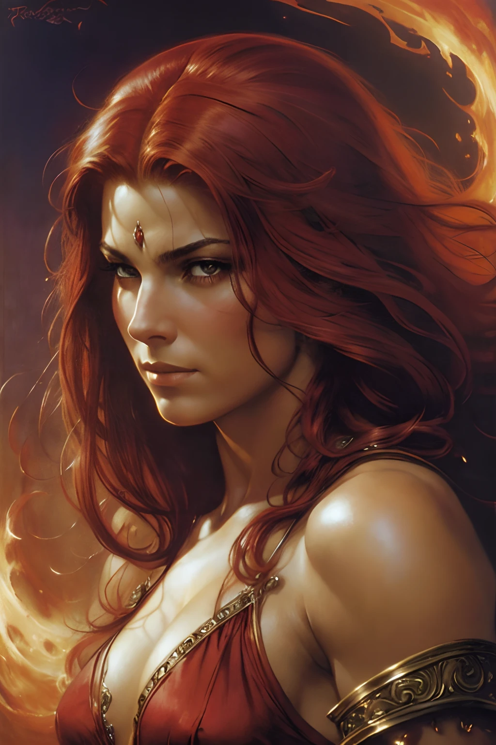 ((realistic:1.5)),((best quality)), ((masterpiece)),((detailed))a powerful sorcerous, red hair, stern, by Frank Frazetta, by Luis Royo, by boris vallejo,