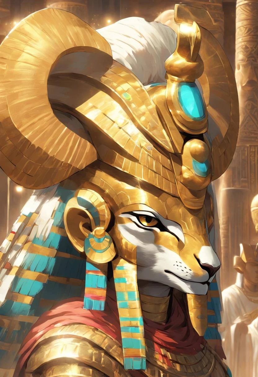 (((KHNUM))) best quality, ultra-high resolution, 4K detailed CG, masterpiece, Egyptian God, ram's head, Egyptian mythology, Egyptian picture style, ((ram's helmet)), aesthetic, centered on screen, full body