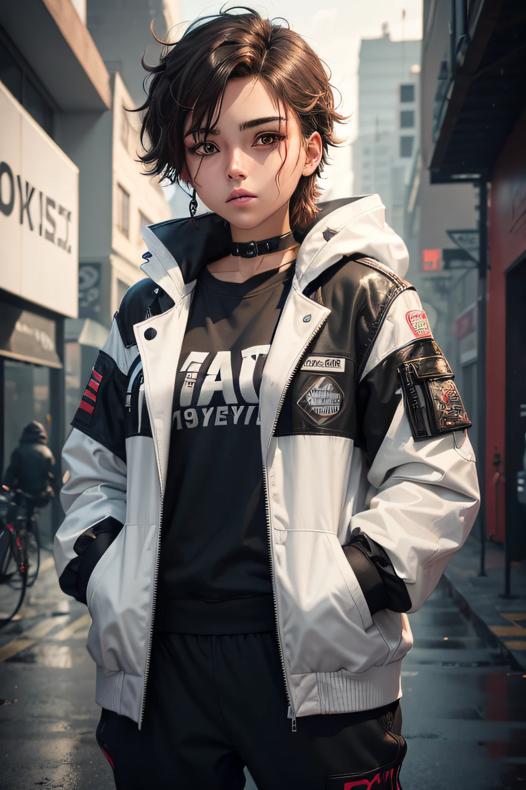 Adult female (About 19) with brown short fluffy tomboyish masculine hair, messy and flowy, with some small white highlights. She has purely white eyes. Wearing a white jacket and black sweatpants- extremely detailed. background is a cyberpunk dystopia.