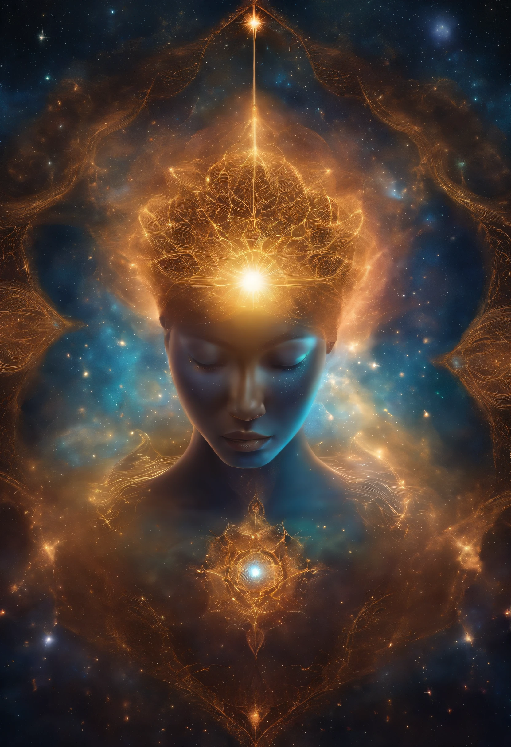 This is a hyper-realistic image of Person sitting in meditation, surrounded by an aura of light, with images of brain, heart and stars orbiting around. I want this portrait to look as lifelike as possible. Make sure to use a 4k resolution. Keep in mind, my desired output is a high-quality and impressive artwork.