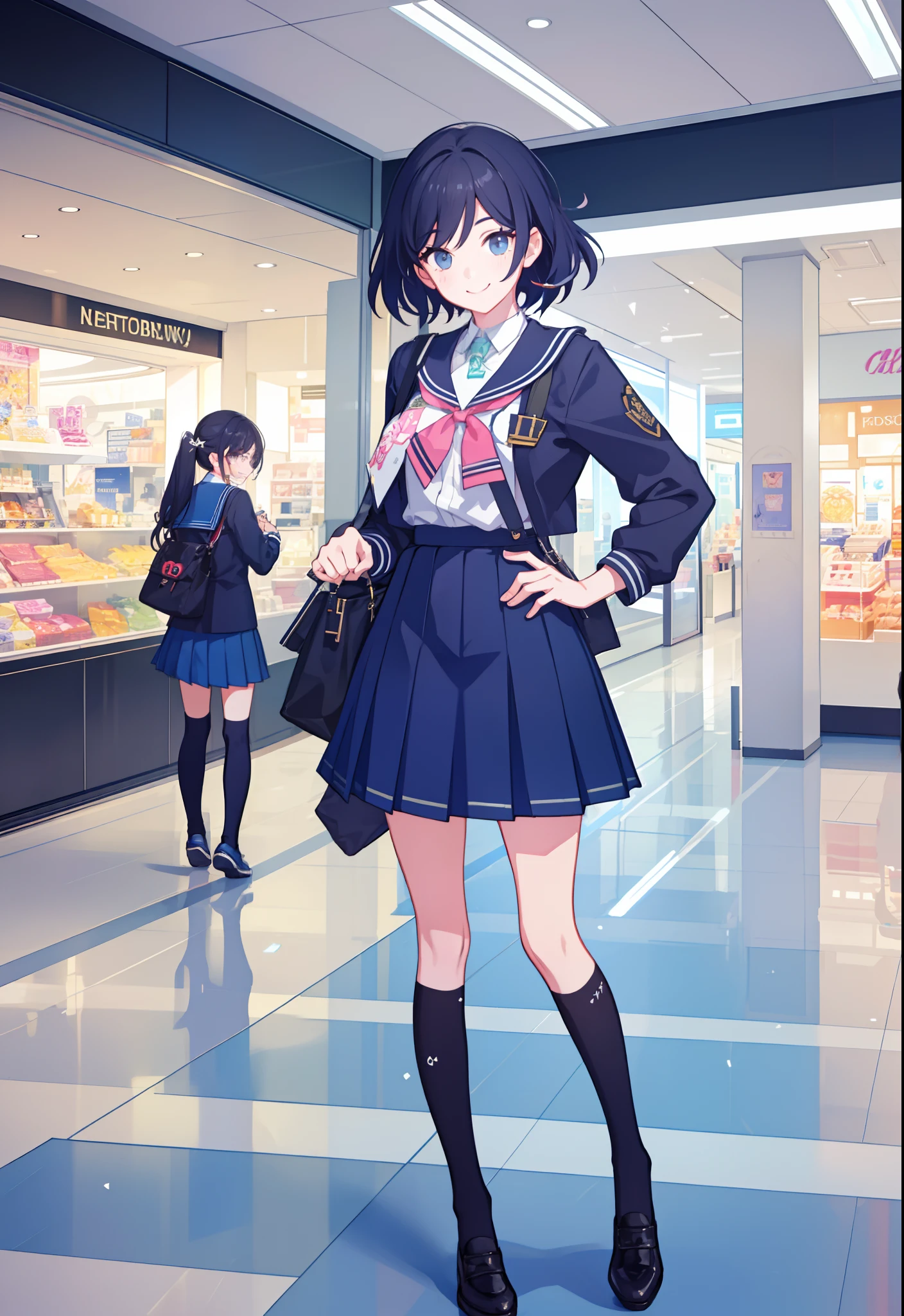 a feminine boy at a mall, wearing a skirt, cute, smiling, school uniform