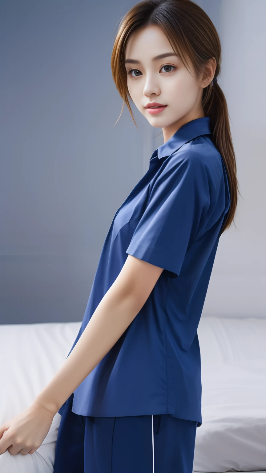 (bestquality,10,10,highres,masterpiece:1.2),ultra-detail,(Realistic,photorealistic portrait,photo-realistic:1.37),1 cute girl in the bedroom,oily shiny skin,bara,light smile,BDclothes,((blue shirt:1.3)),short sleeves,shirt, trousers.,(navy_long_Pants Track:1.1), ((Bed Background)),dynamic angle,excited,face focus,Dynamic Poses,from behide,Ass Focus,masterpiece, bestquality, ultra realistic, hyper-detail, 8k resolution, RAW photo, crisp focus, ((Navy blue shirt:1.1)), short sleeves, Long Path, Perfect body, 2 mature women, 18yo, cinematic light,Blue sweatpants,Gymware,Correct anatomy,Complete body, Correct body, sharp face, Anatomically correct body, full entire body, Realistic gestures, long-haired, Realistic poses,Wear long shorts....,Long leg span,Shapely,Sculpting Girl, mannequin mannequins, Slender Figure