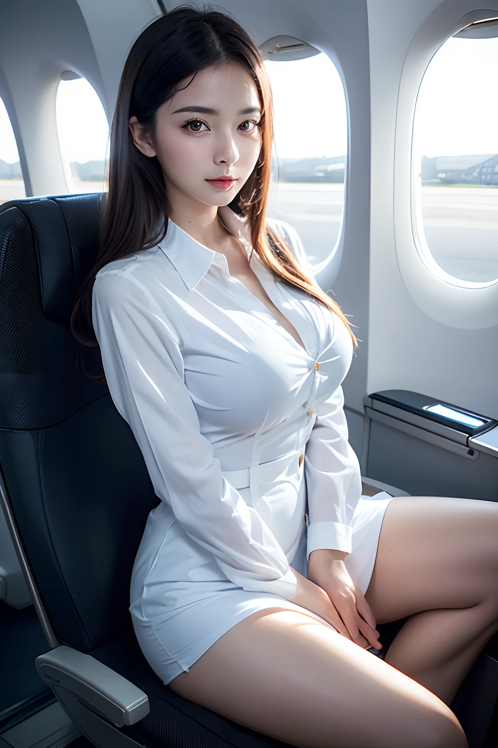 top-quality, masterpiece, 8K, 超A high resolution, (Photorealsitic:1.4), 1girl in、beautiful expression、symmetrical eye、Colossal tits、Perfect body proportion、Stewardess uniform、Unbutton the chest、Look at viewers、(Inside the plane:1.2)、front-facing view、Shoulder、long legged(1.3)、