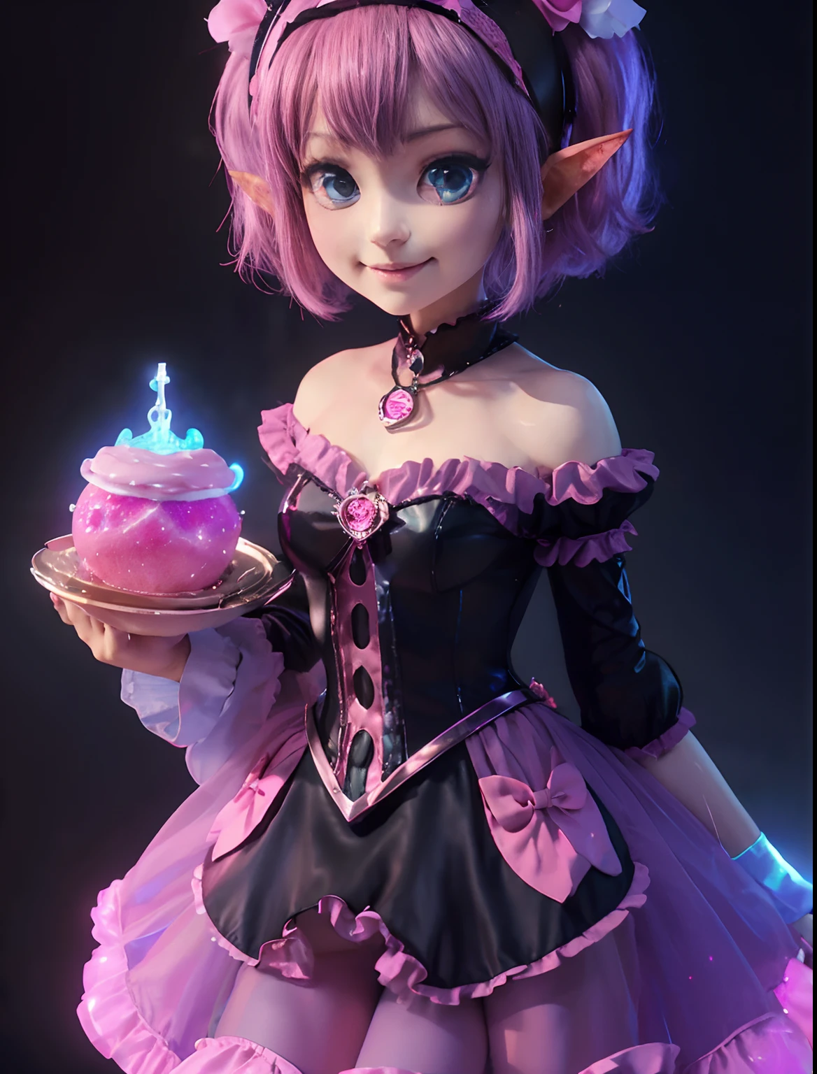 A slender girl ((full body)) with luminous big smile, wearingsmall pink strawaberry pendants in tiara in her sky-blue hair wearing a black giltter leotard attached to a pink puffy leather skirt, and blue glowing sock Concept art by starsnits90, 8hd resolution, cinematic art, dynamic lighting, hyperdetailed, intricately detailed, steampunk,Splash screen art, trending on Artstation, deep color, Unreal Engine, volumetric