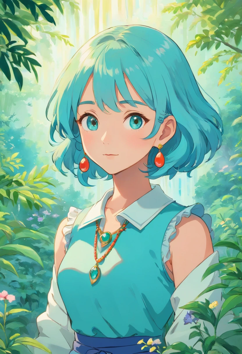 a girl wearing an anime collar, a long necklace and earrings, in the style of tranquil gardenscapes, colorful animation stills, masami teraoka, aquamarine, paul gauguin, Embry style, honest portrayal