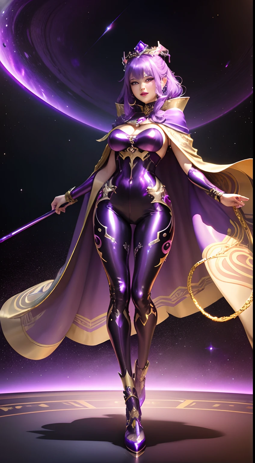 Best Quality,Saturn in the background,The Empress who rules the universe floats in the galaxy,Triumphant smile,RPG Game Last Boss,Fluttering purple hair,((Gorgeous shiny metallic purple full body bodysuit with leggings and cape)),,Chinese Idol　A MILF　God of Destruction　Catastrophe　Bright red lips and dirty makeup