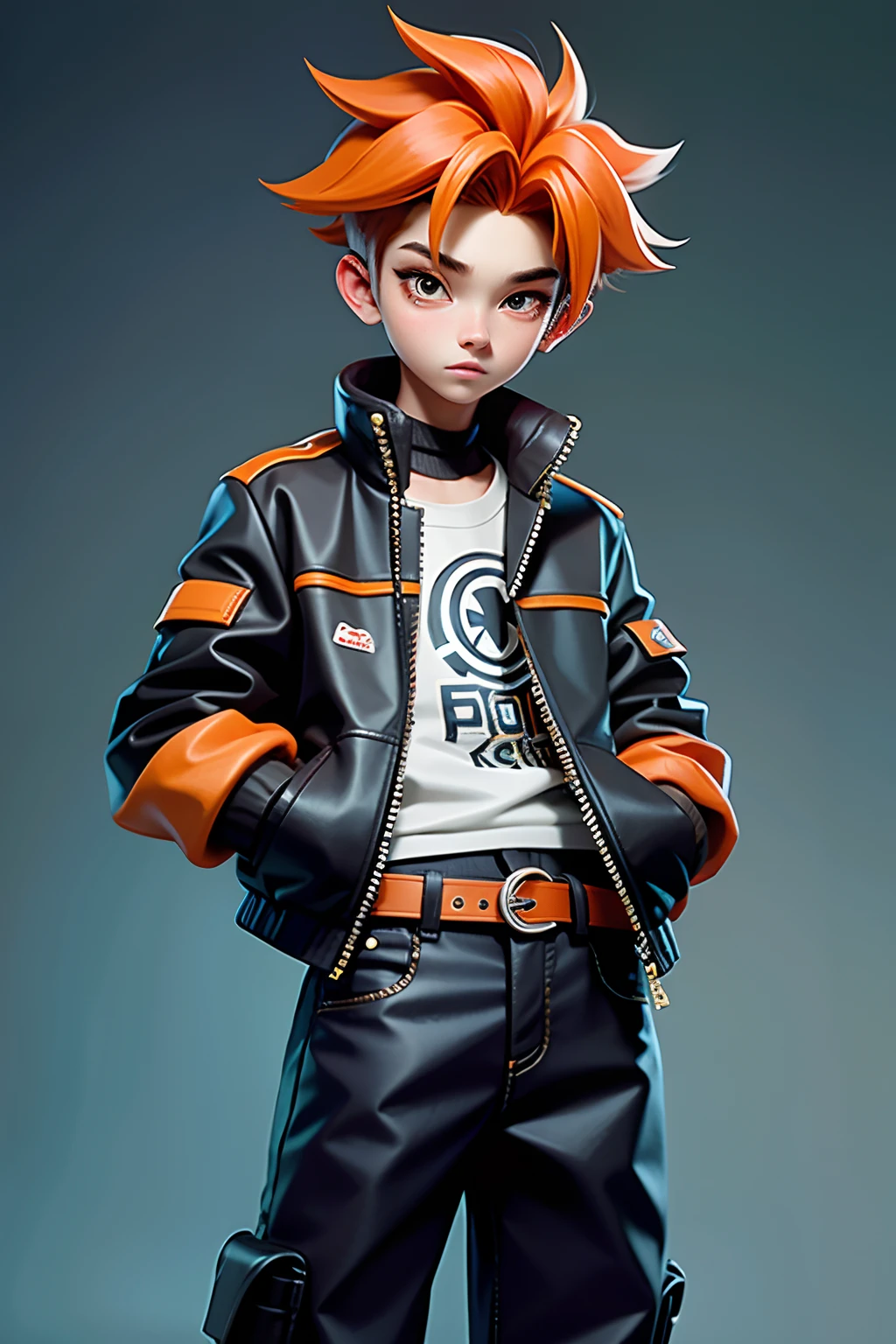 Kpop yr old boy, model, cool jacket, orange hair, long black pants with belt, inside walmart