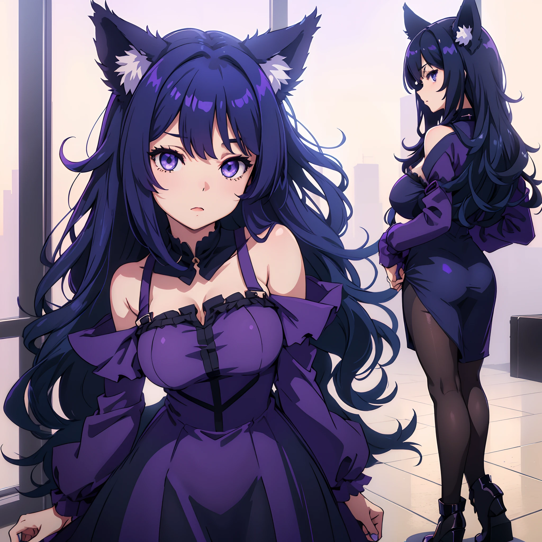 1girl, solo, Anime girl, long dark blue hair, Maine coon ears, full body shot, large breasts, big ass, revealing purple dress, short dress, tight clothes, blue and purple gradient eyes, standing, cleavage