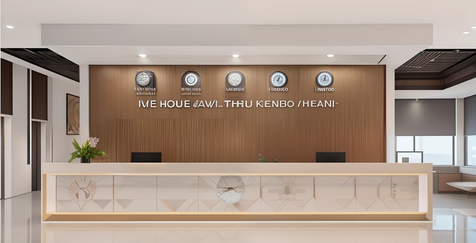 a close up of a reception area with clocks on the wall, background image, photo from 2022, clean background, interesting background, header with logo, amazingly composed image, with text, sign, banner, dang my linh, trending photo, frontal picture, in house, foreground background, patiphan sottiwilaiphong, ngai victo