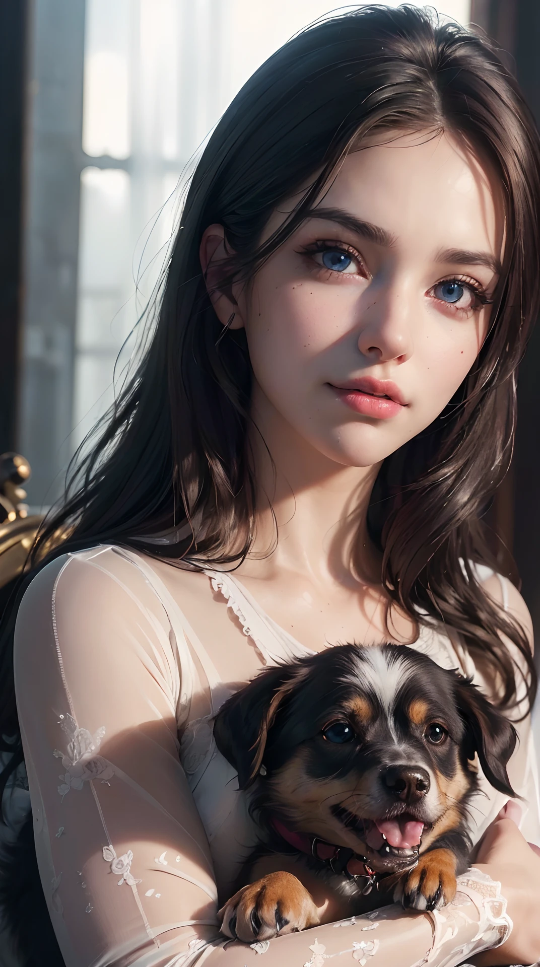 (best quality,4k,8k,highres,masterpiece:1.2), ultra-detailed, (realistic,photorealistic,photo-realistic:1.37),(beautiful detailed eyes, beautiful detailed lips, extremely detailed eyes and face, long eyelashes),studio lighting,physically-based rendering,vivid colors,(Woman holding a dog, Angry looking dog),(Kind smile),