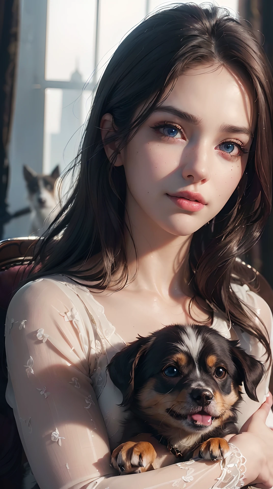 (best quality,4k,8k,highres,masterpiece:1.2), ultra-detailed, (realistic,photorealistic,photo-realistic:1.37),(beautiful detailed eyes, beautiful detailed lips, extremely detailed eyes and face, long eyelashes),studio lighting,physically-based rendering,vivid colors,(Woman holding a dog, Angry looking dog),(Kind smile),