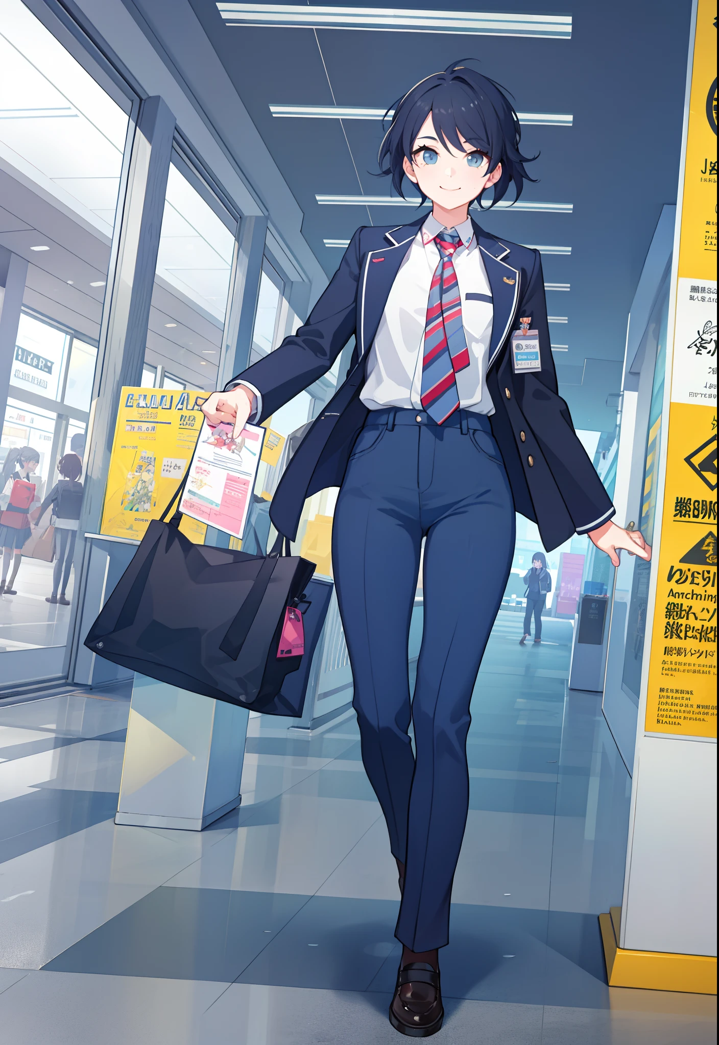 a masculine girl at a mall, wearing pants, cute, smiling, school uniform