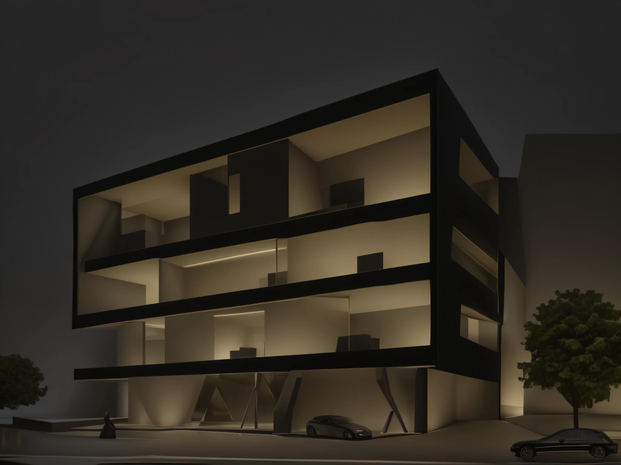 high end,atmospurate,Modern black glass curtain wall architectural landscape,There was a car parked in front, architecture render, architectural render, vray rendered, night time render, Render in Vray, beeple rendering, artstation hq, 3 d render beeple, artstation hq”, rendered in vray, rendered in octane render, dramatic lighting render, 3 d render even lit