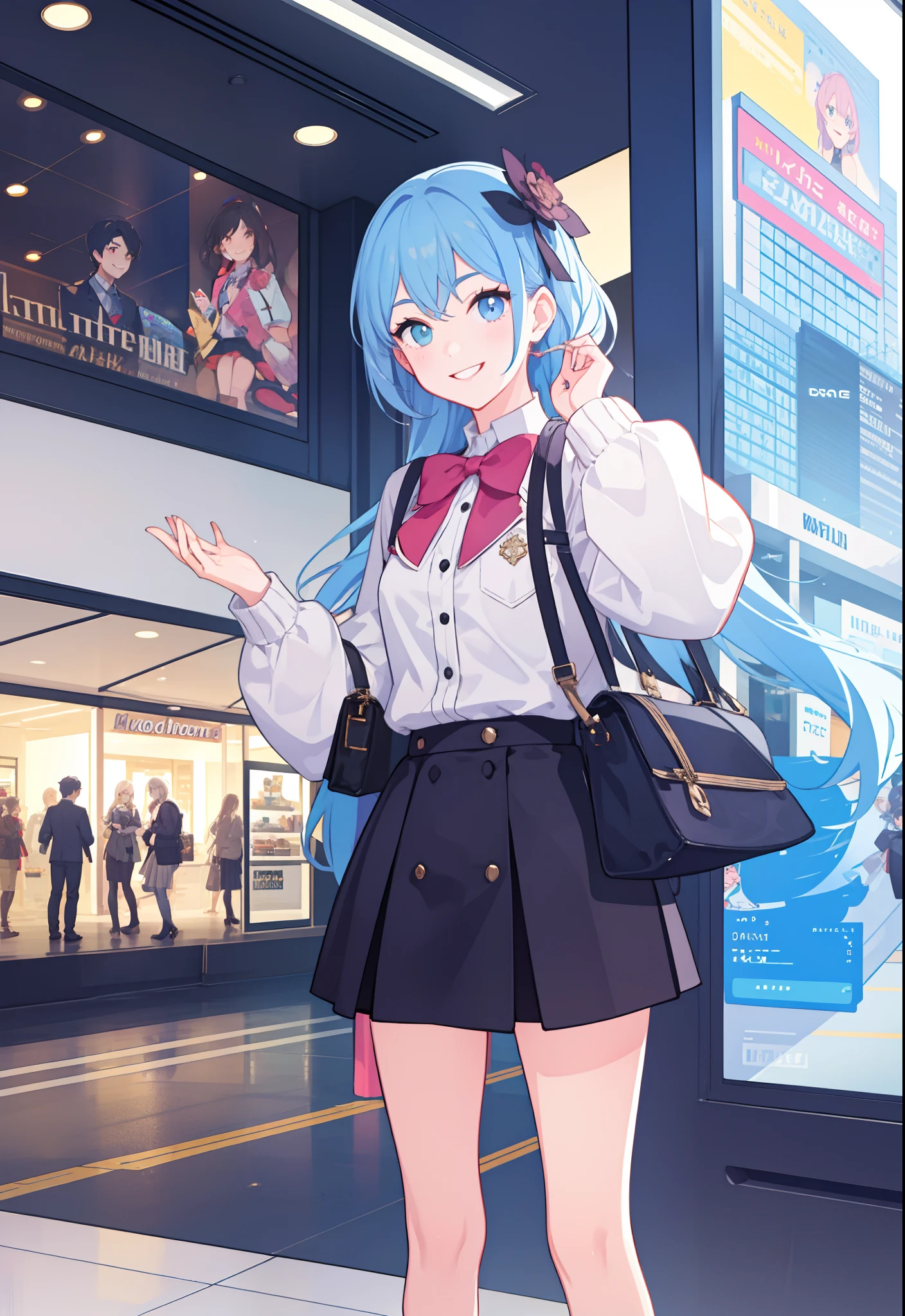 a feminine boy at a mall, wearing a skirt, cute, smiling